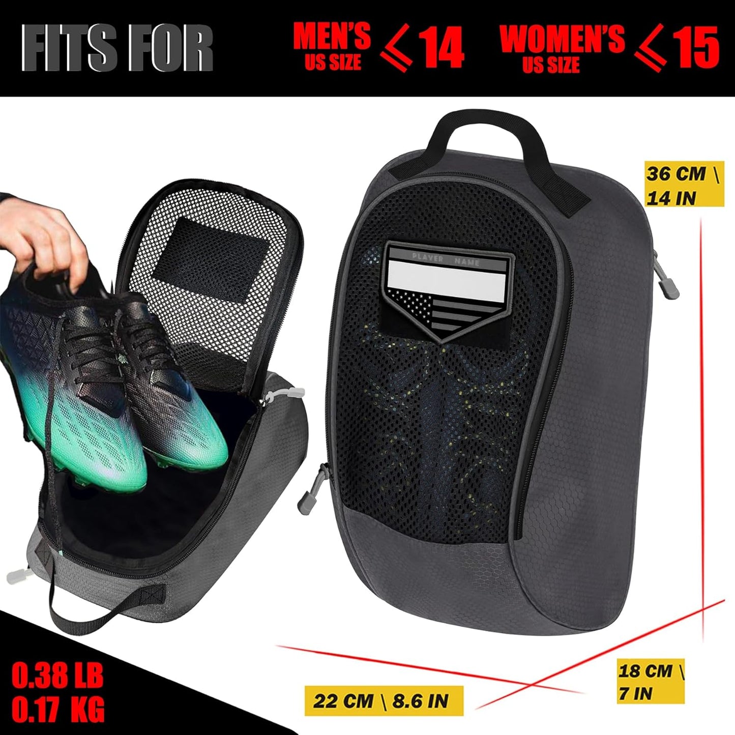 Shoe Bag Golf Travel Soccer Gym Sport with Side Accessory Outside Pocket for Socks Shoe Pouch Portable Large Shoe Storage Bag for Packing Zippered (Black Grey)