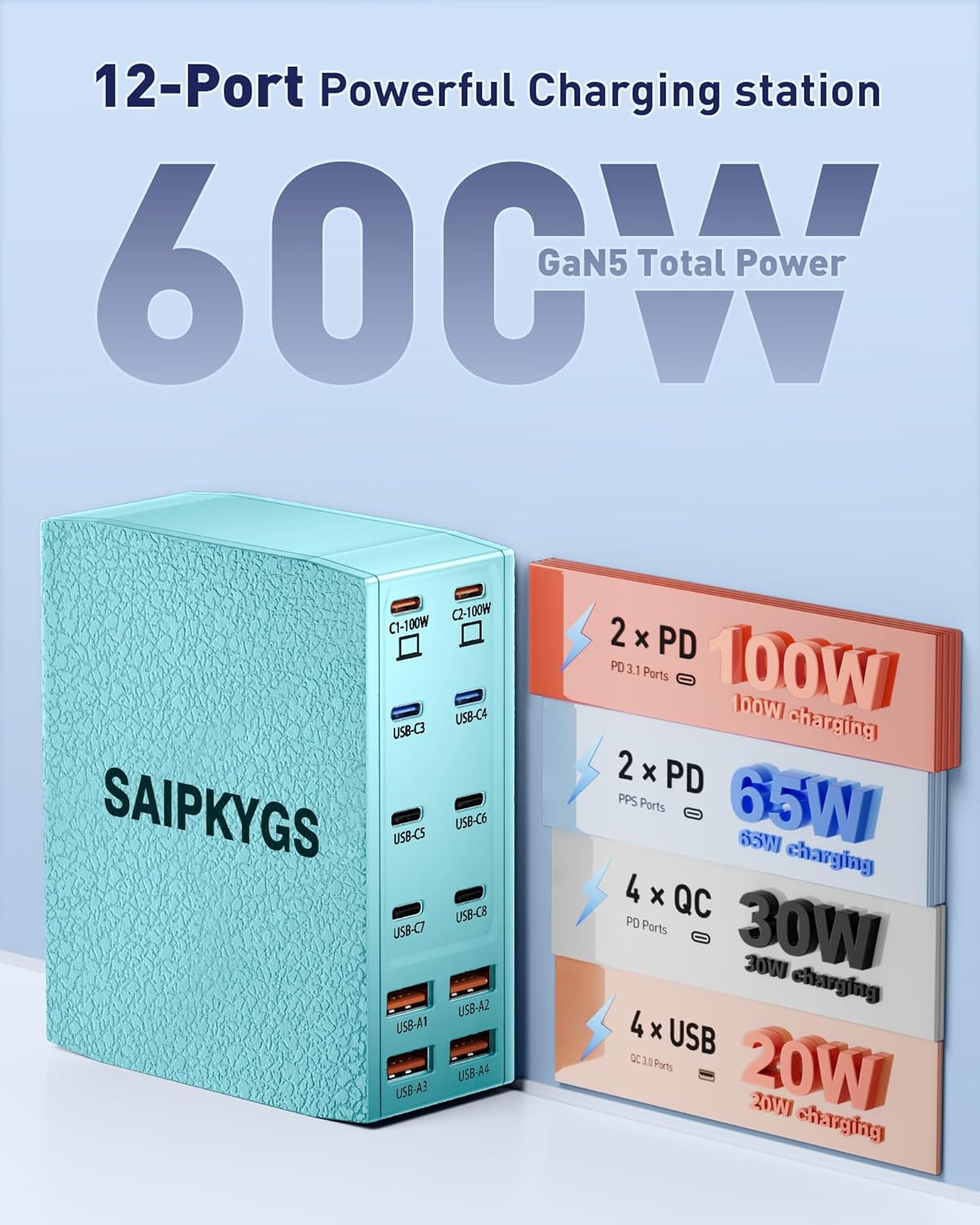 Charging Station (600W),12-Port USB C Charger Block with Dual 100W PD USB-C Fast Charging Station Hub for MacBook Pro/Air/All iPad Phone 17/16 15/14/13/Pro Max/Samsung Galaxy Note(Green)