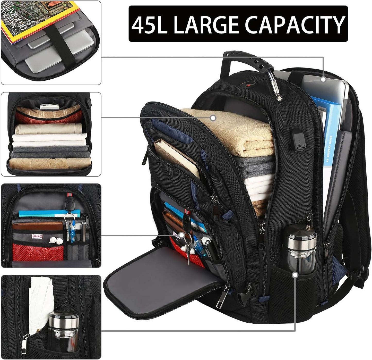 17.3 Laptop Backpack for Men Women, Extra Large Travel laptop Backpack with Rain Cover, TSA Friendly Flight Approved with RFID Anti Theft Pocket and USB Charger Port, Water Resistant School BookBag