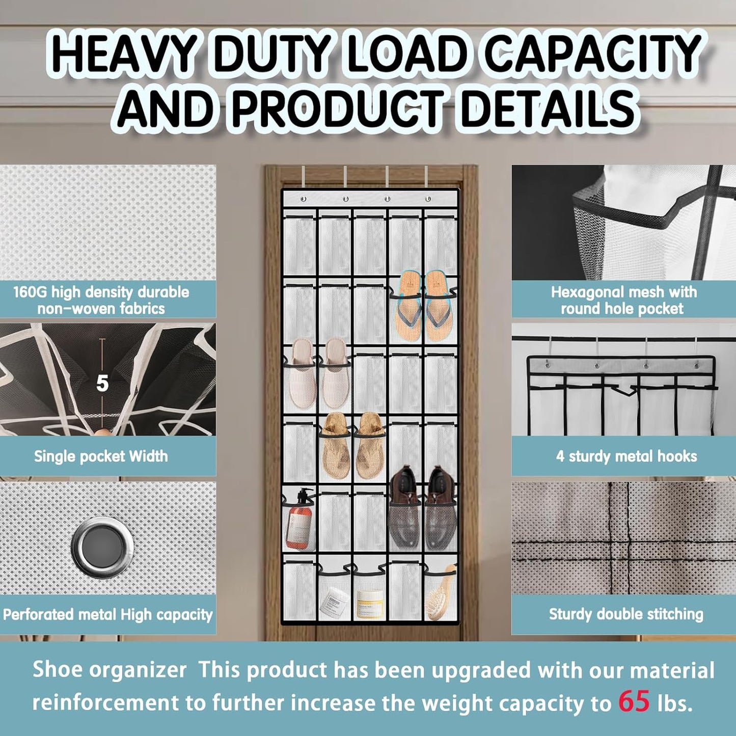 Over the Door Shoe Organizer with 30 Breathable Mesh Pockets - Large Capacity Closet Storage for Men & Women, Hanging Shoe Rack Organizer (White)