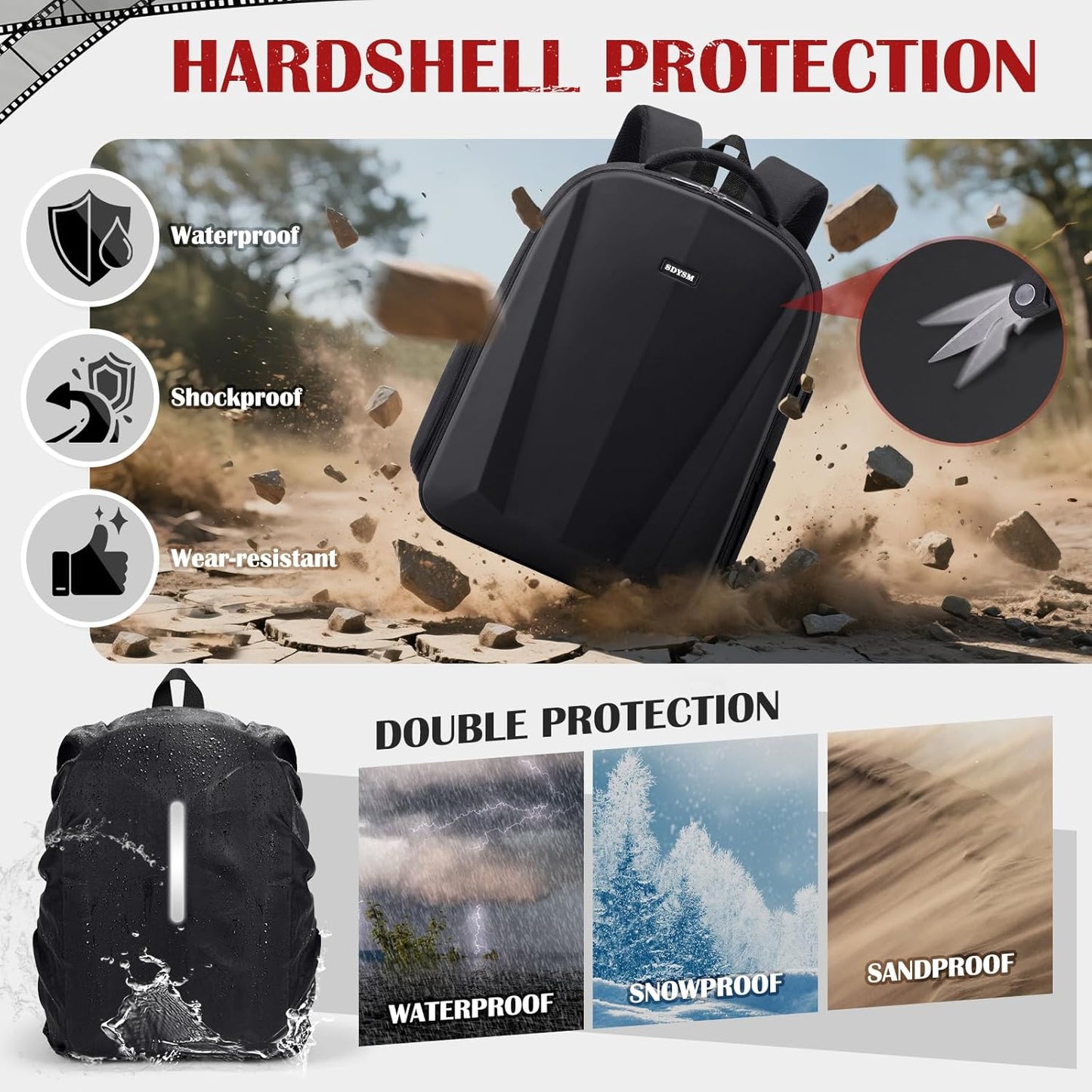 SDYSM Camera Backpack, Hardshell DSLR/SLR Camera Bag with Lens Pouch & 15.6" Laptop Compartment Waterproof Camera Case with Rain Cover Photography Backpack Compatible for Canon/Nikon/Sony/Drone Black