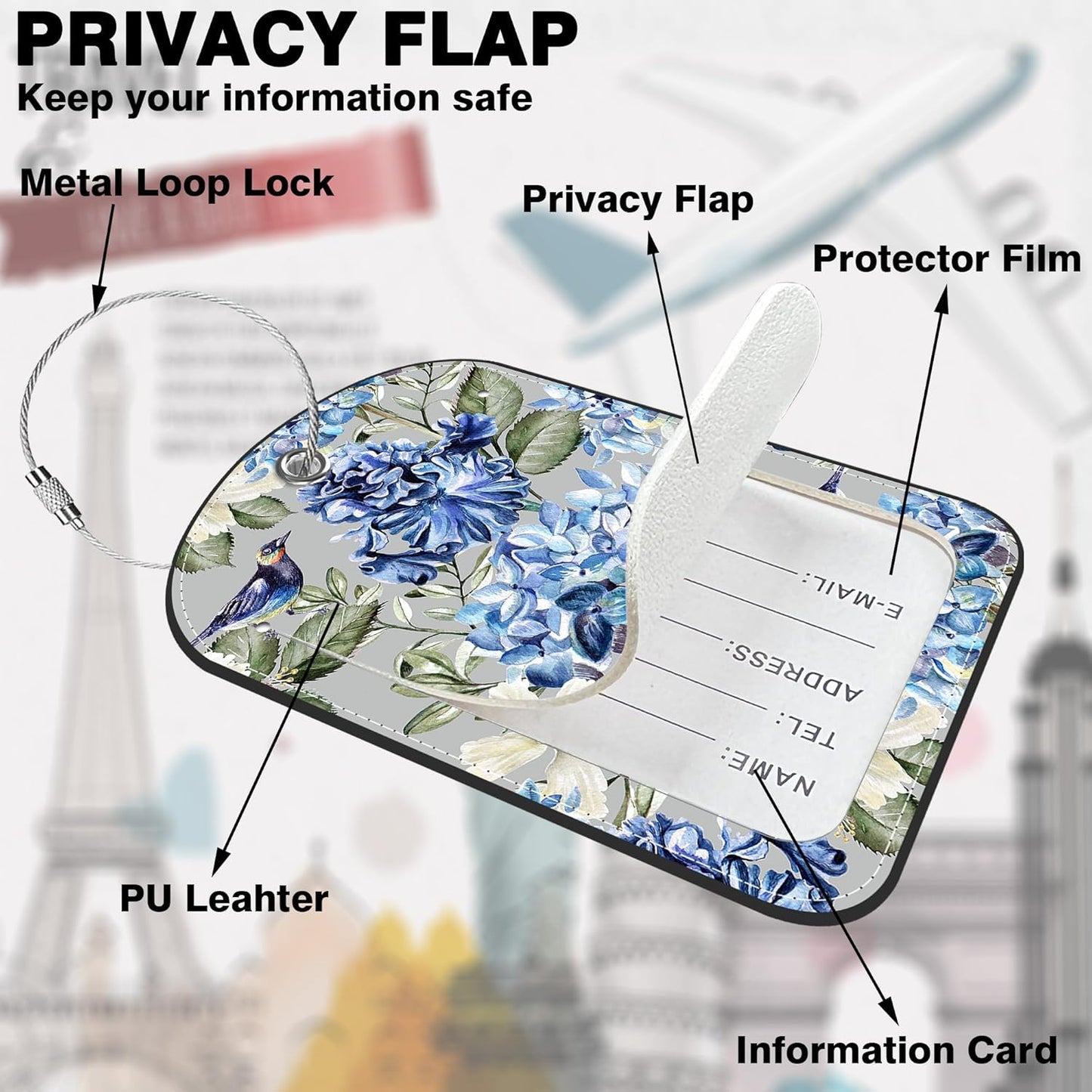 2 PCS Leather Luggage Tags for Suitcase Hibiscus Flowers Bird Travel Luggage Tag with Privacy Flap Name ID Label and Metal Loop for Travel Bag Suitcase