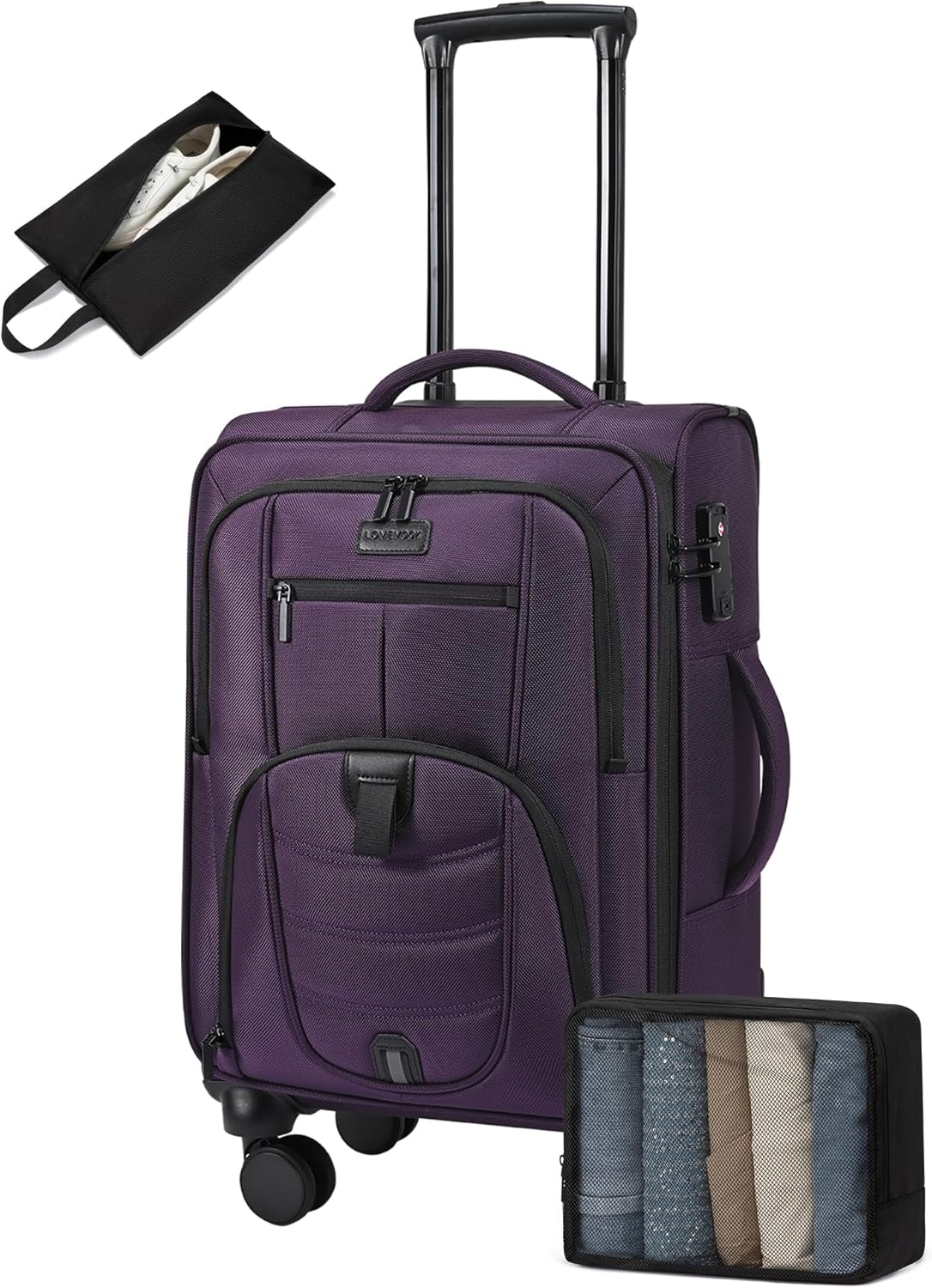 LOVEVOOK Carry On Luggage Airline Approved, Suitcases with Spinner Wheels, Softside Carry-on Luggage with TSA Lock for Men Women Business Trip, Lightweight Large Capacity Luggage for Travel, Purple
