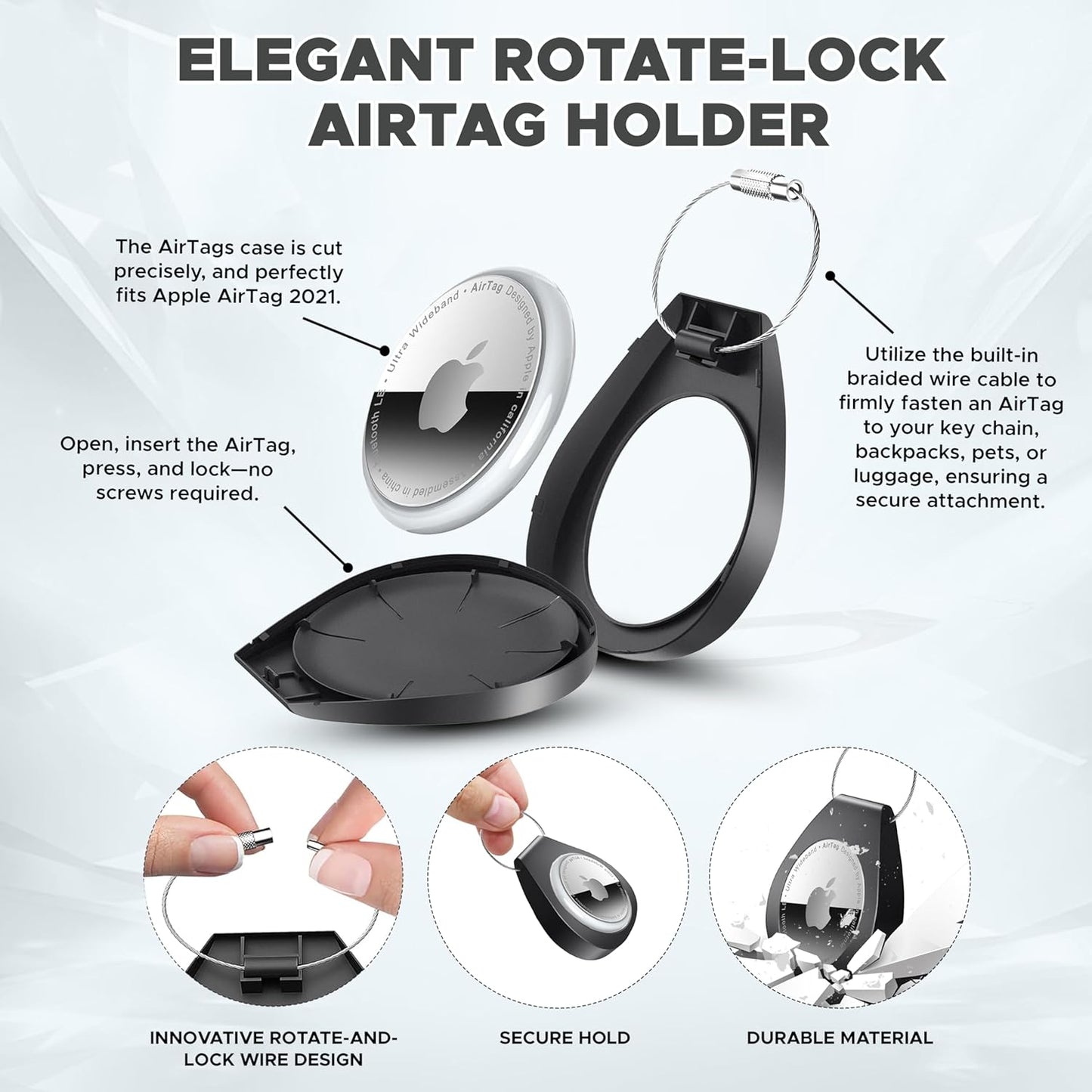 2 Pack AirTag Holders with Keychain - Secure Airtag Lock Case with Wire Cable Compatible with Apple AirTags for Keys, Luggage, Dog Collar, Backpack & More (Black)