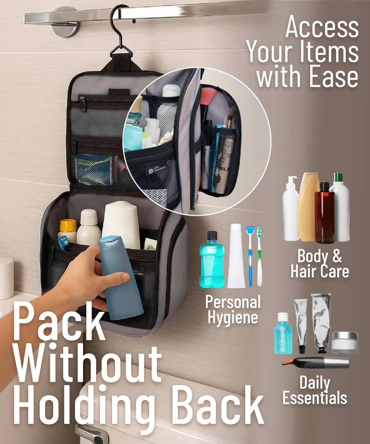 DD D&D Wanderlust D&D Hanging Travel Toiletry Bag for Men and Women – Cosmetics, Makeup and Toiletries Organizer Kit with 10 Compartments, Zippers, XXL Metal Swivel Hook, Water-Resistant Nylon