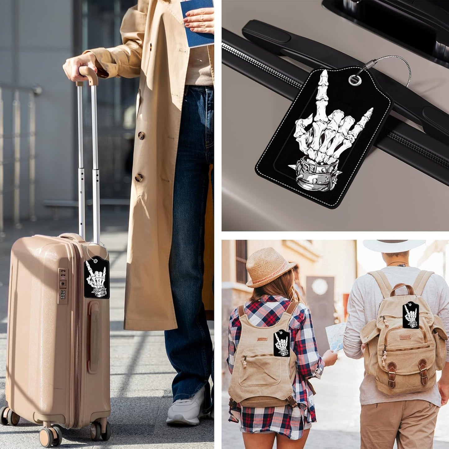 2 Pcs Skull Luggage Tags for Suitcases, Black Leather Luggage Tags, Privacy Cover ID Label with Stainless Steel Loop & Address Card, Funny Skull Travel Bag Tag Luggages Accessories for Suitcases