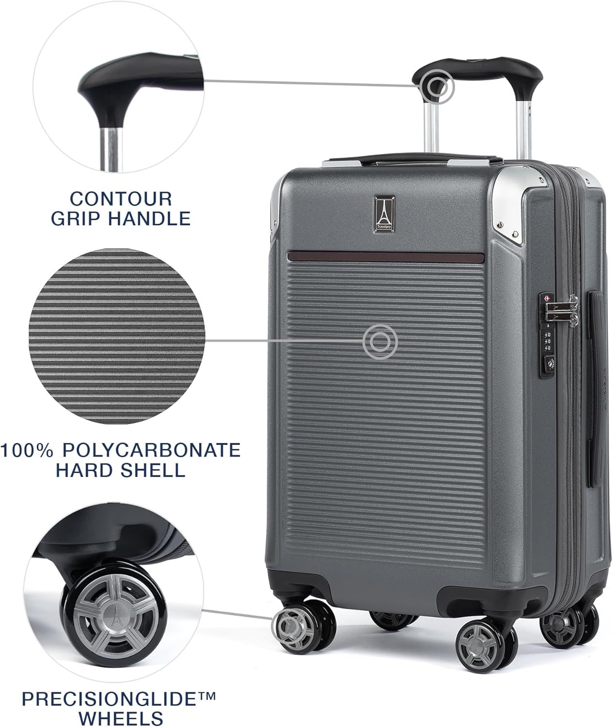Travelpro Platinum Elite Hardside Expandable Carry on Luggage, 8 Wheel Spinner, TSA Lock, Hard Shell Polycarbonate Suitcase, Vintage Grey, Carry on 21-Inch