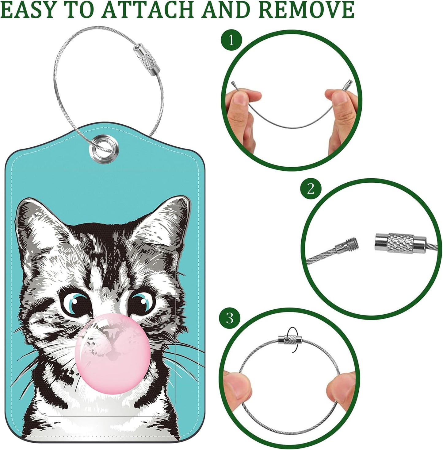 2 PCS Leather Luggage Tags for Suitcase Cute Cat Travel Luggage Tag with Privacy Flap Name ID Label and Metal Loop for Travel Bag Suitcase