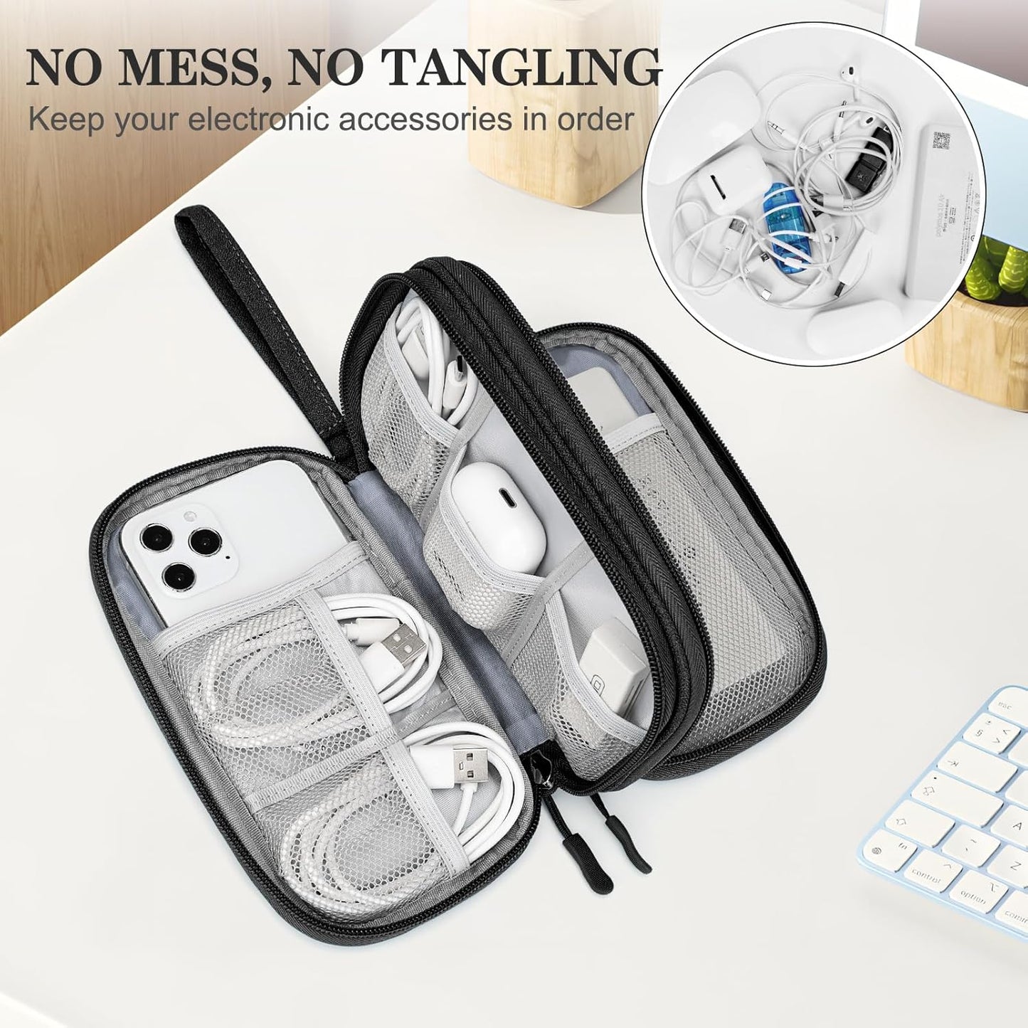 FYY Travel Cable Organizer Pouch Electronic Accessories Carry Case Portable Waterproof Double Layers All-in-One Storage Bag for Cord, Charger, Phone, Earphone Black