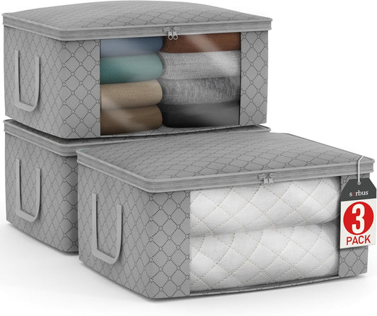 Sorbus Medium Clothes Storage Bags - Foldable Blanket Storage Bins for Organizing Bedroom, Closet, Clothing, Comforter, Organization with Clear Window, Lids and Carry Handles - Set of 3