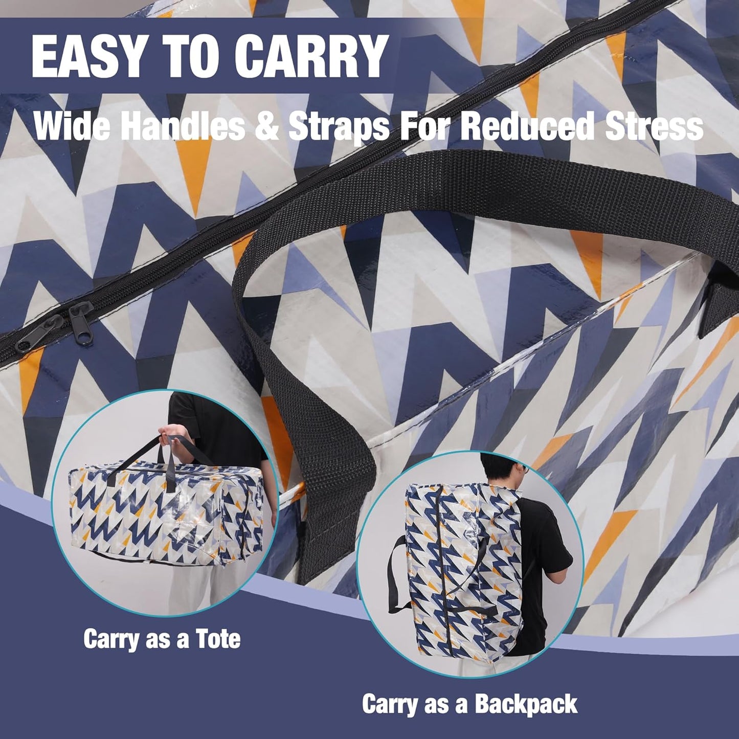 WORKPRO 6 Pack Extra Large Moving Bags with Zippers & Carrying Handles Backpack Straps, Heavy-Duty Storage Tote for Space Saving & Storage, Alternative to Moving Box (W - Alphabet Printing)