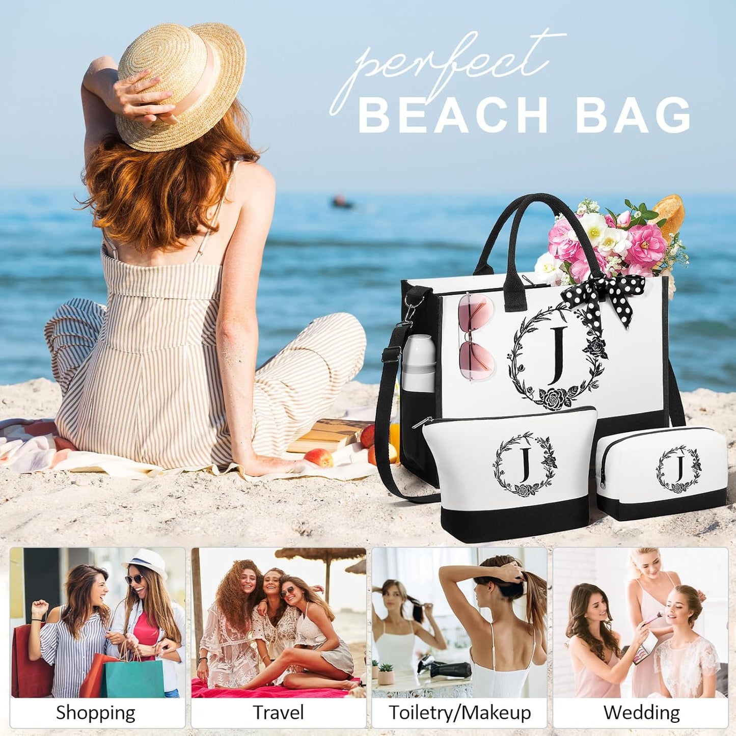 Personalized Christmas Gifts for Women, Initial Canvas Tote Bag & Makeup Bag Monogrammed Beach Tote Bags for Women w/Zipper, Birthday Gifts for Mom Her Sister Friend Girlfriend Wife Daughter Teacher