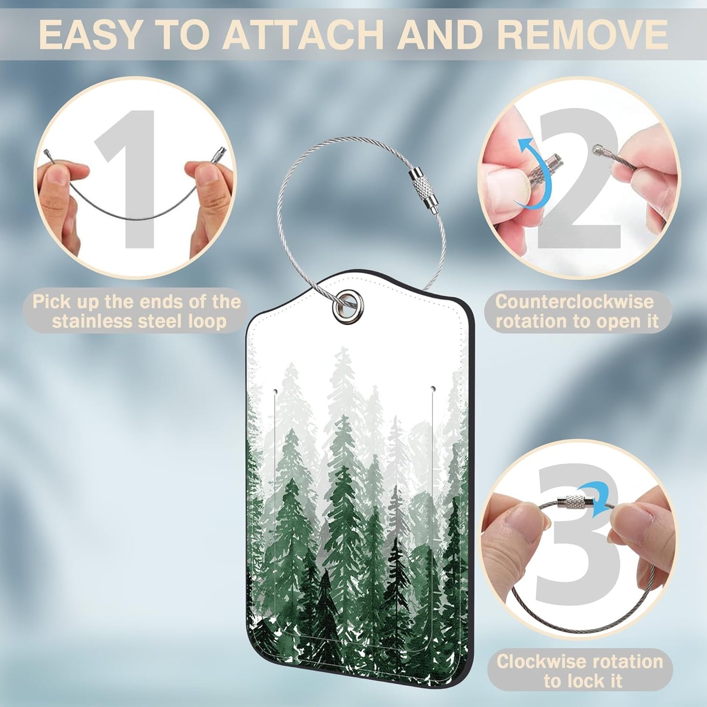 2 Pack Luggage Tags for Suitcases Watercolor Foggy Forest Leather Luggage Tags Privacy Cover ID Label with Stainless Steel Loop and Address Card for Women Men Travel Bag Backpack