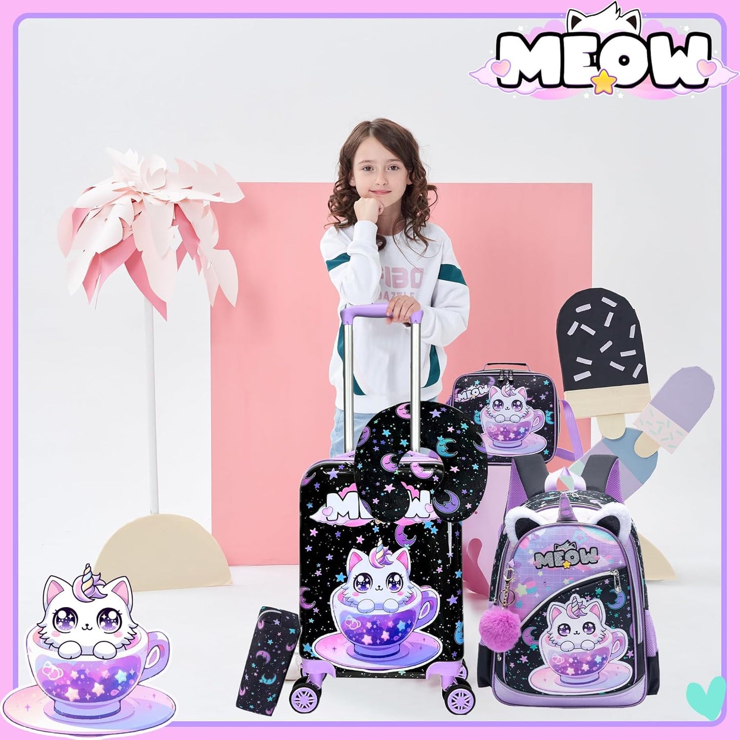 Kid's Luggage Set 5 Piece Suitcase Set 16' Hardside Spinner Wheels Girls Carry On Toddler Travel Rolling Airline Approved