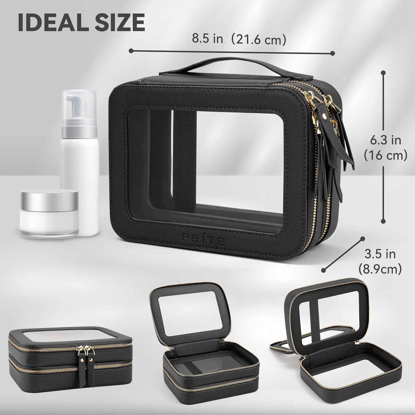 Prite Clear Makeup Bags Double Layer Cosmetic Bags with a Separate Brush Compartment Travel Makeup Bag for Women Travel Accessories Organizer for Purse(Black)