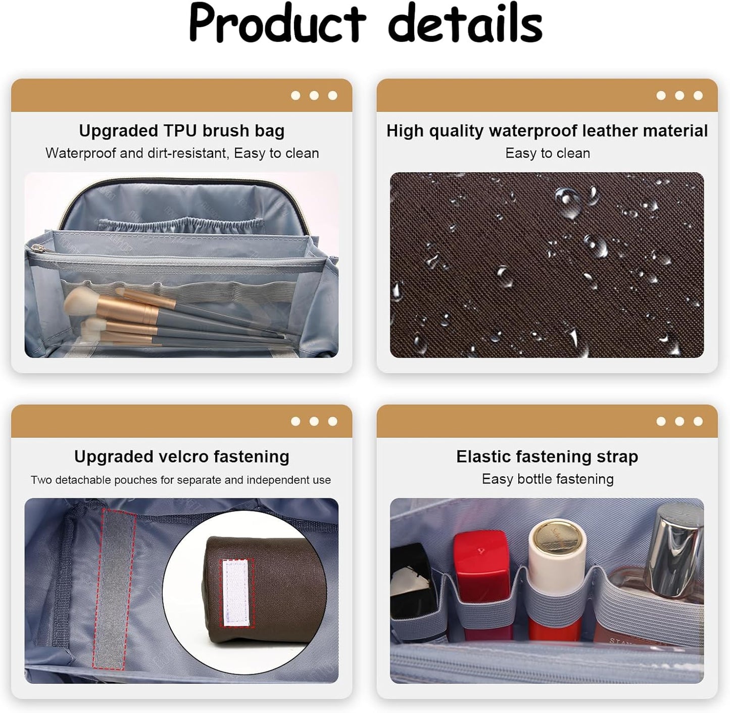 BOYATU Travel Makeup Bag Organizer Cosmetic Bag: 3 Pcs Set Make up Bags for Women with Handle - Waterproof Vegan Leather Toiletry Bags with Comparments (D-01-Brown)