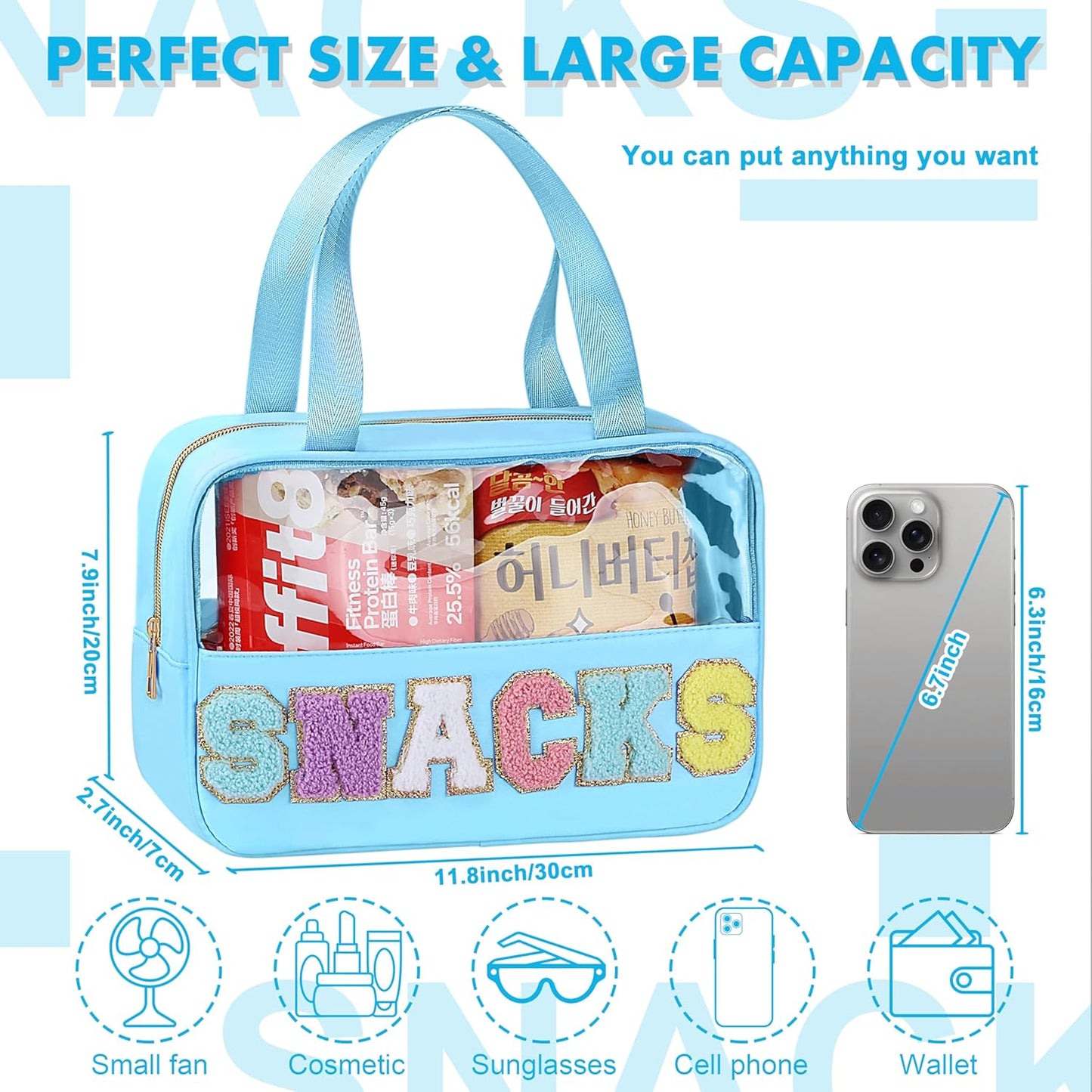 Snack Bag for Travel - Chenille Letter Clear Makeup Bag, Large Preppy Patch Snack Cosmetic Bag with Handle and Zipper, Cute Makeup Pouch Nylon&PVC Waterproof Toiletry Organizer Storage for Women Girls