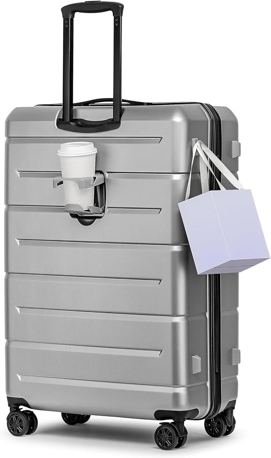 KYME Suitcases with Wheels Hardshell 30 Inch Luggage TSA Approved Large Checked Luggage Durable Travel Rolling Suitcase with Cup Holder for Women Men Silver Grey