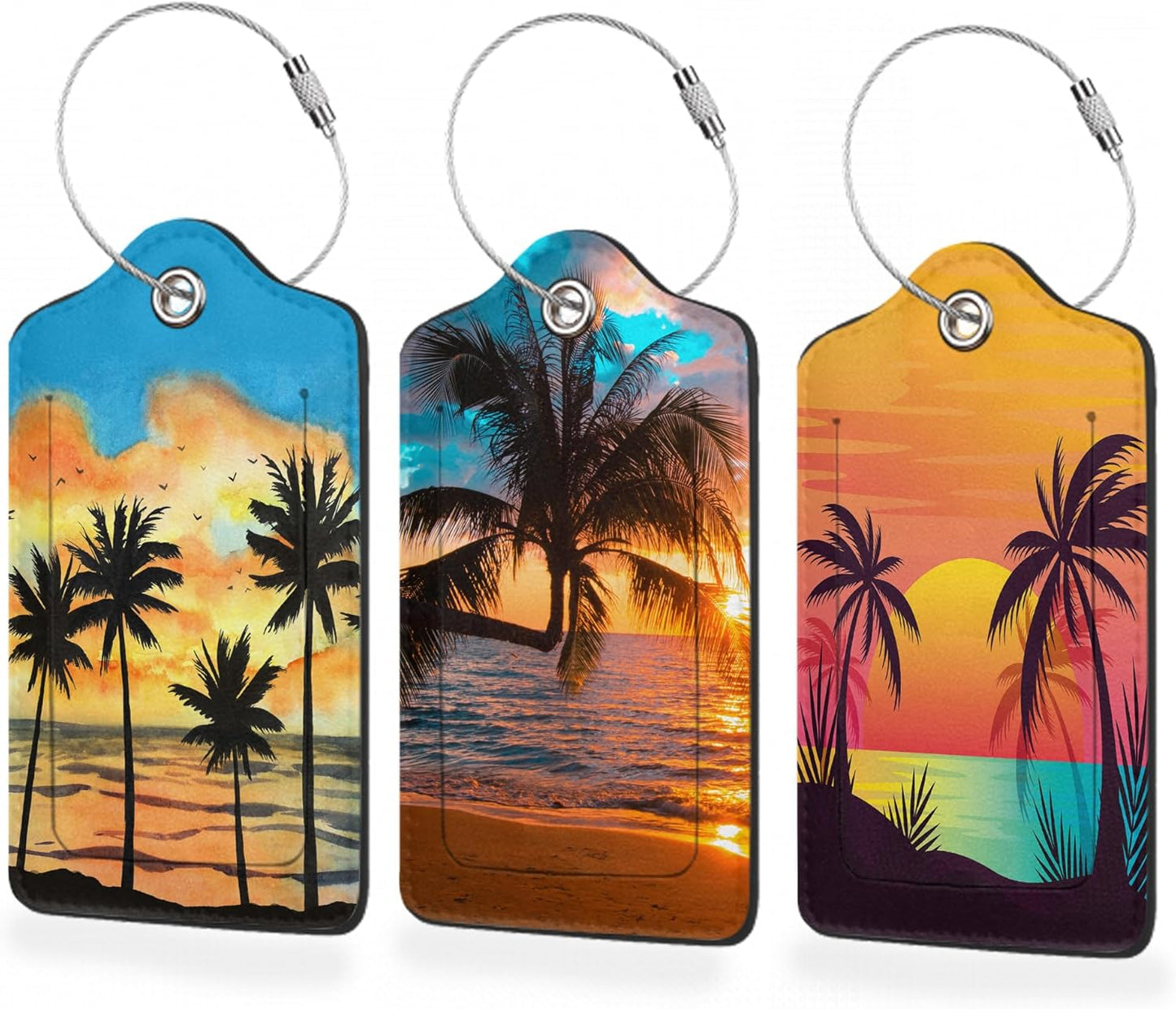 3 Pack Luggage Tag for Suitcase,Tropical Sunset Palm Leather Luggage Tags with Privacy Cover Name ID Label Identifiers Travel Bag Tags for Women Men Boys Girls