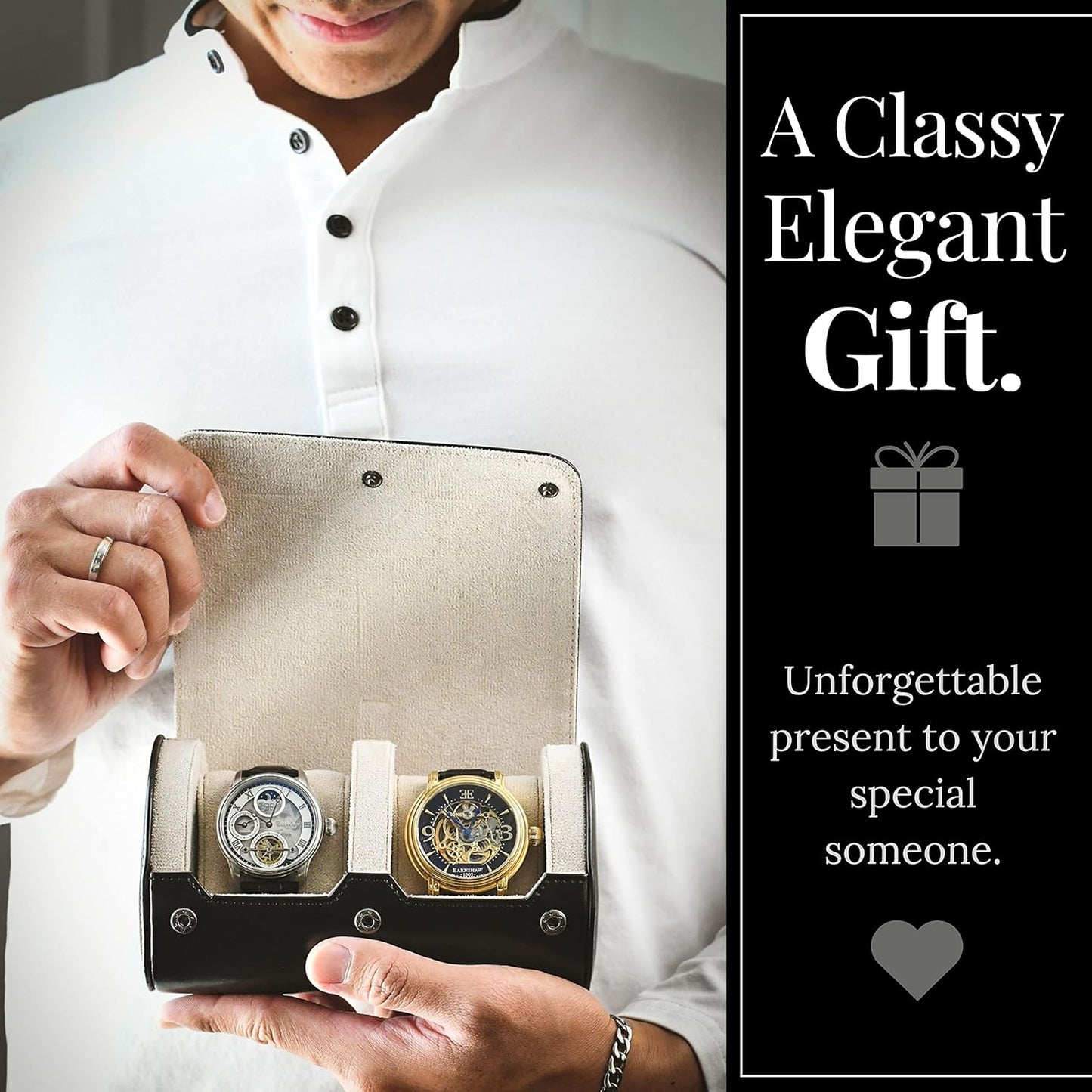 2 Watches Travel Case for Men - Mirage Watch Roll - Jade Black/Ivory White Vegan Leather