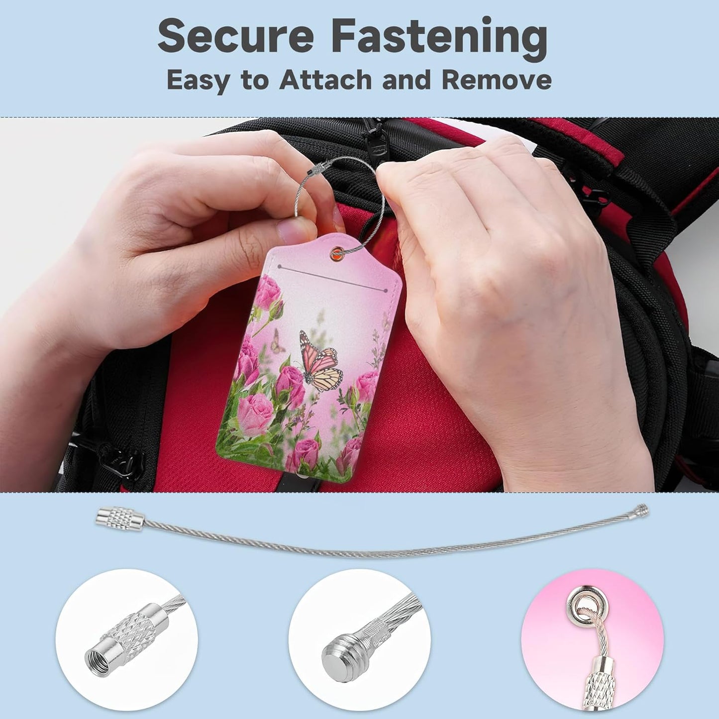 2 Pack Luggage TagsButterfly Rose Floral with Stainless Steel Loop and Privacy Cover for Women Men Travel Luggage Accessories