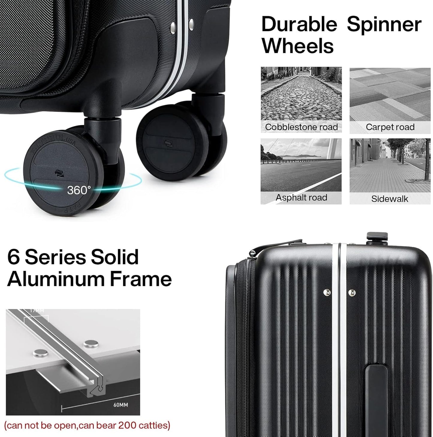 Hanke Grace Hard Shell Suitcases with Wheels,20 Inch Carry On Luggage Airline Approved with Aluminum Frame, Travel suitcase with Front Pocket Travel Luggage for Short Business Trips, Jet Black.