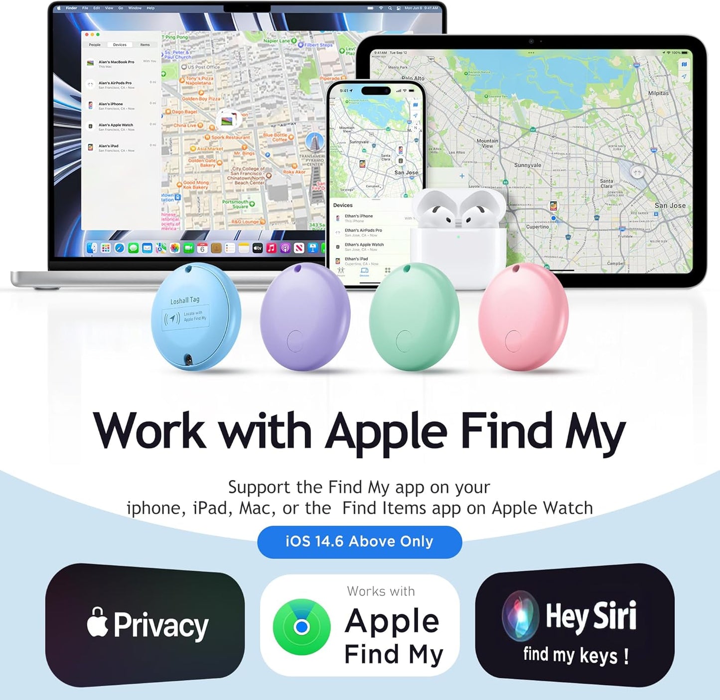 Air Tracker Tags-4 Pack Tracker Tag Work with Apple Find My (iOS 14.6 Above Only) Smart Tag Item Finders for Key, Luggage, Backpack，etc. (Red, Blue, Purpule, Glue, 4 Pack)