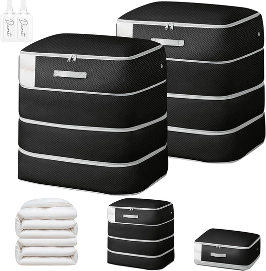 Comforter Storage Bag - 130L Large Capacity Blanket Storage Bags 4-Layer Ultra Space Saving Self Compression Organizer, Washable Compression Bags for Storage Comforter Blanket, 2-Pack, Black