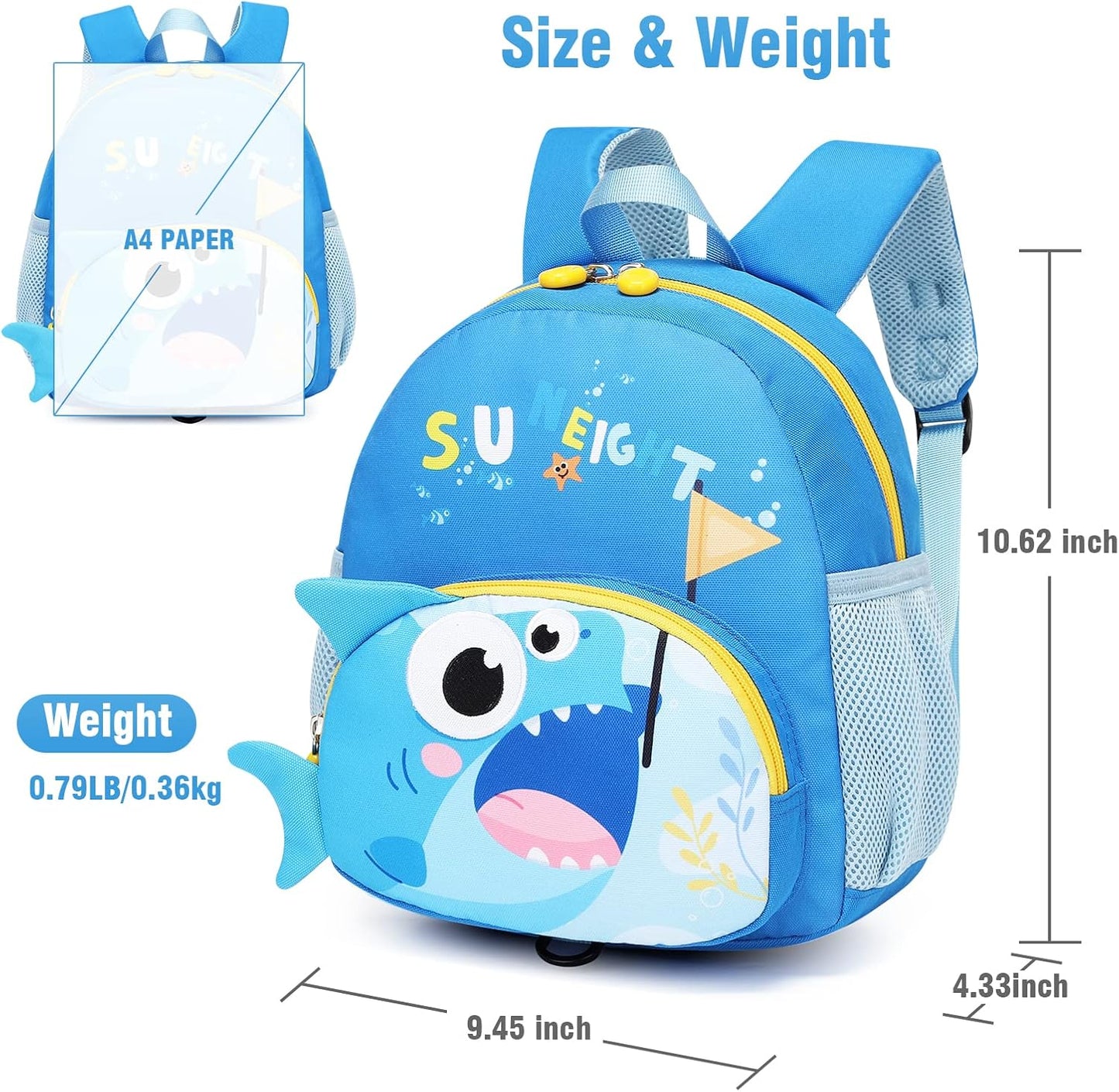 SUN EIGHT Toddler Backpack for Boys 2-4 Small Cute Dinosaur Backpack with Kids Leash,3D Cartoon Preschool Kindergarten Bookbag for Pre-k (Shark)