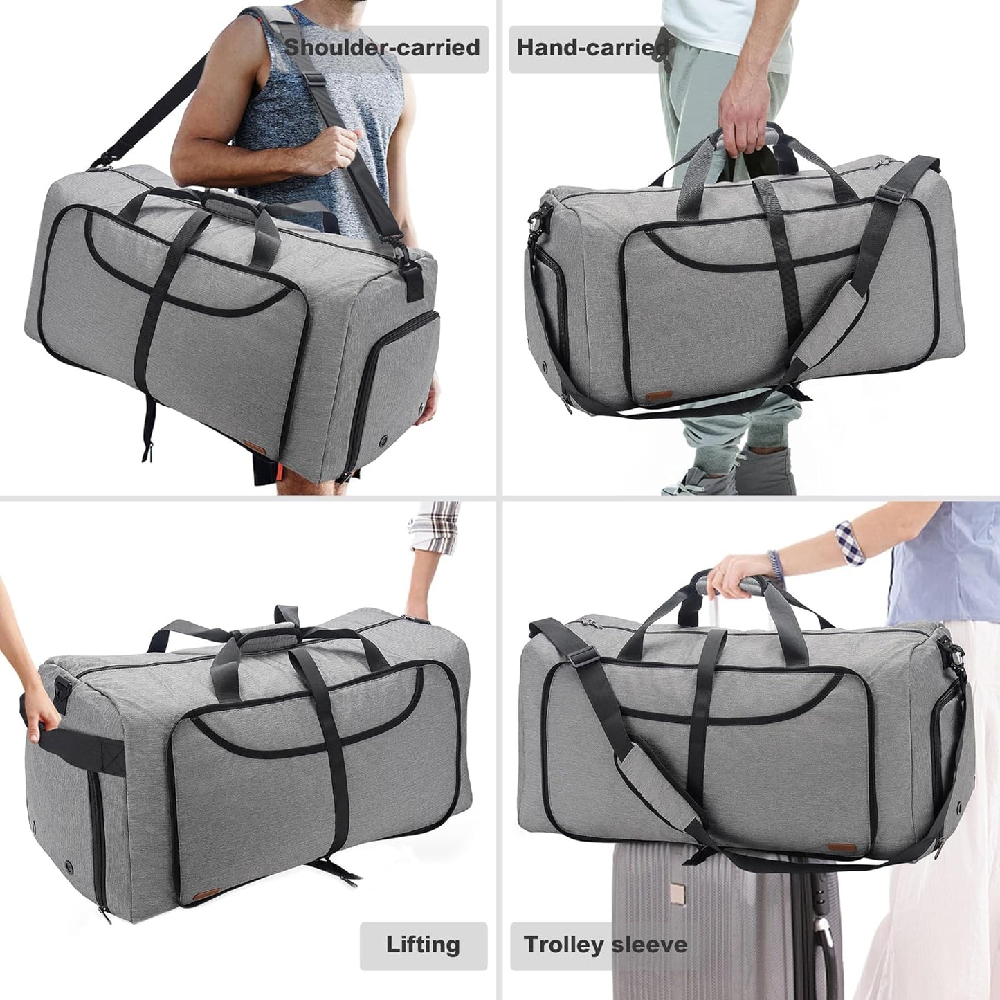 120L Duffle Bag for Travel, Large Foldable Waterproof Travel Duffel Bags Weekender Overnight Bag for Men and Women with Shoe Compartment (Gray)