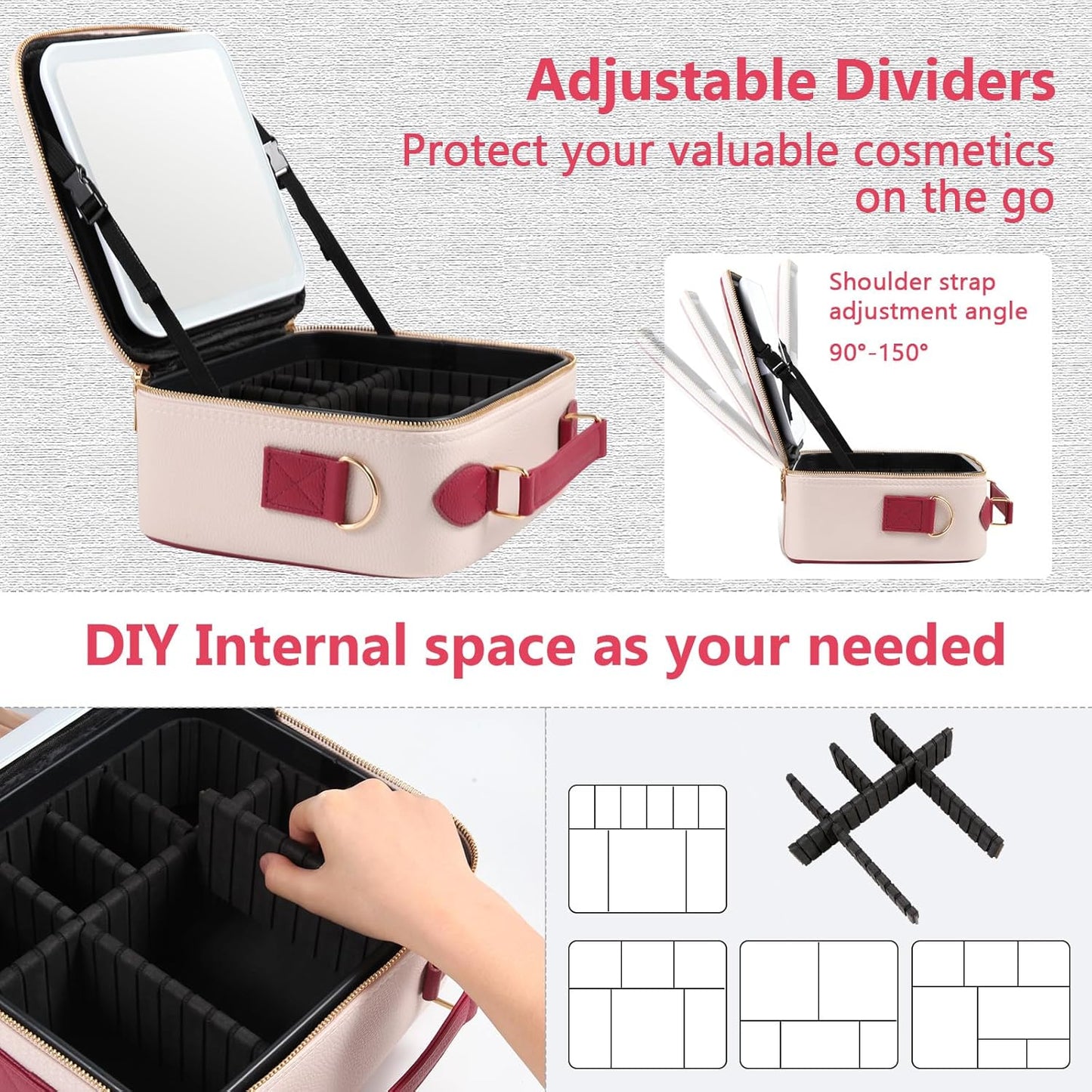 Travel Makeup Bag with Mirror of LED Lighted, Rechargeable Cosmetic Train Case Artist Makeup Organizer for Women with Adjustable Dividers, Makeup Brushes Holder and Strap (White)