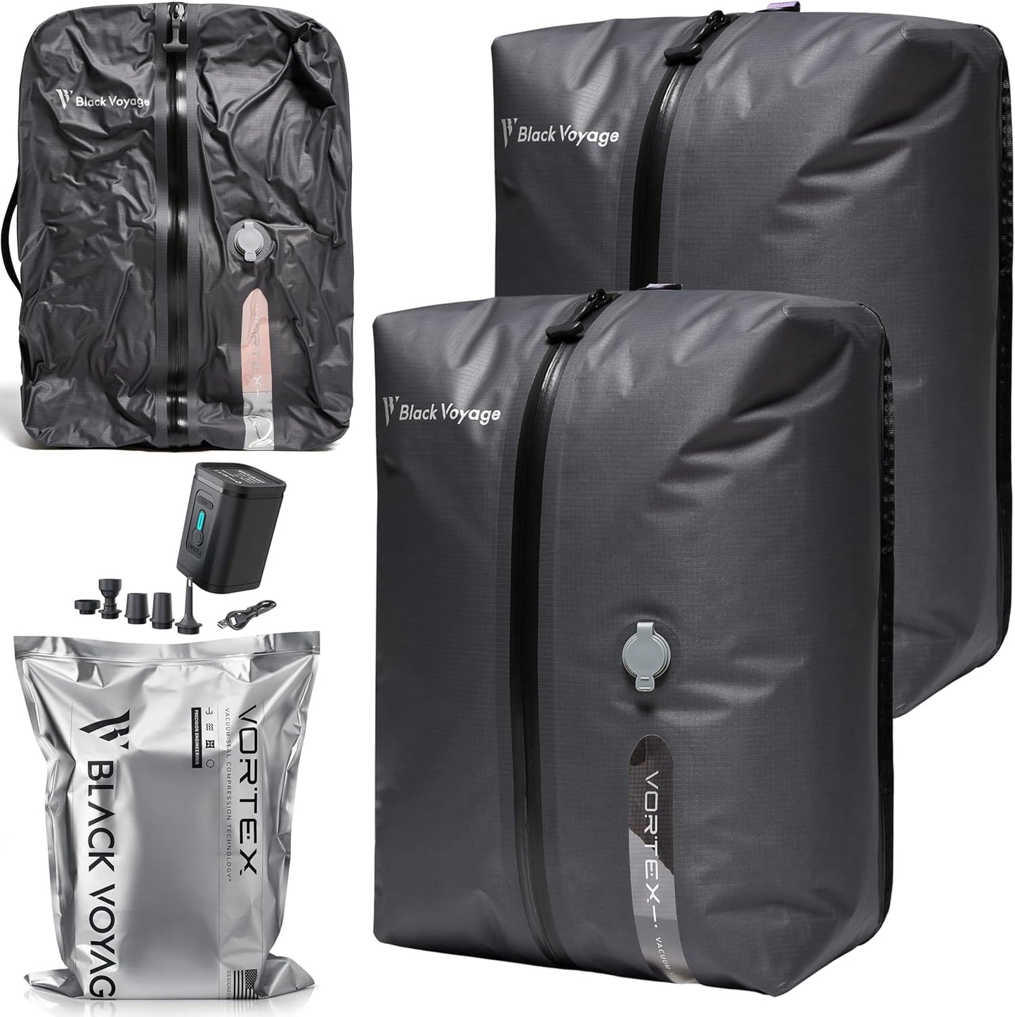 Black Voyage Reusable Vacuum Compression Travel Bag for Carry-On Suitcase and Backpack, Recycled IP67 Waterproof Space Saver Vacpack (2-Pack, 18L - Pump Included)