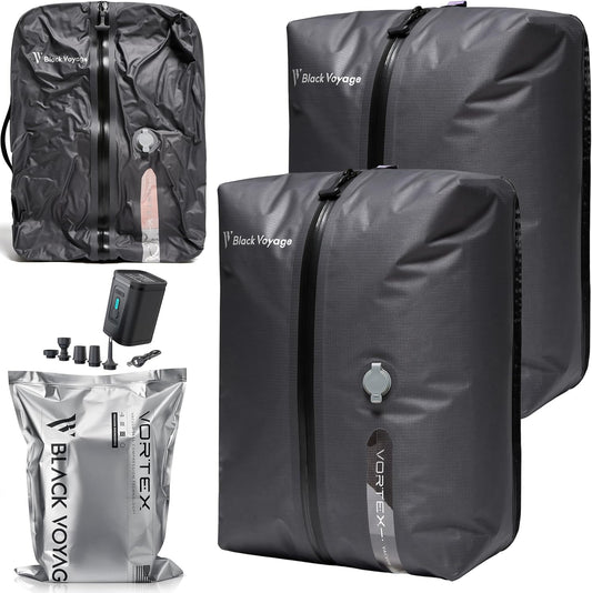 Black Voyage Reusable Vacuum Compression Travel Bag for Carry-On Suitcase and Backpack, Recycled IP67 Waterproof Space Saver Vacpack (2-Pack, 18L - Pump Included)