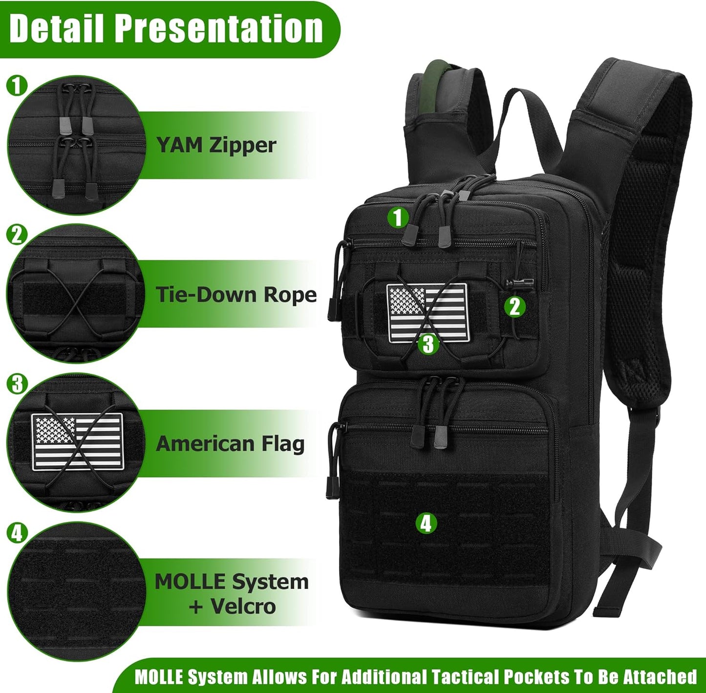 1050D Tactical Hydration Backpack with 3L TPU Water Bladder, Military Molle Water Backpack Perfect for Men & Women, Hydration Pack for Hiking, Biking, Running, Climbing, Hunting, Daily Use
