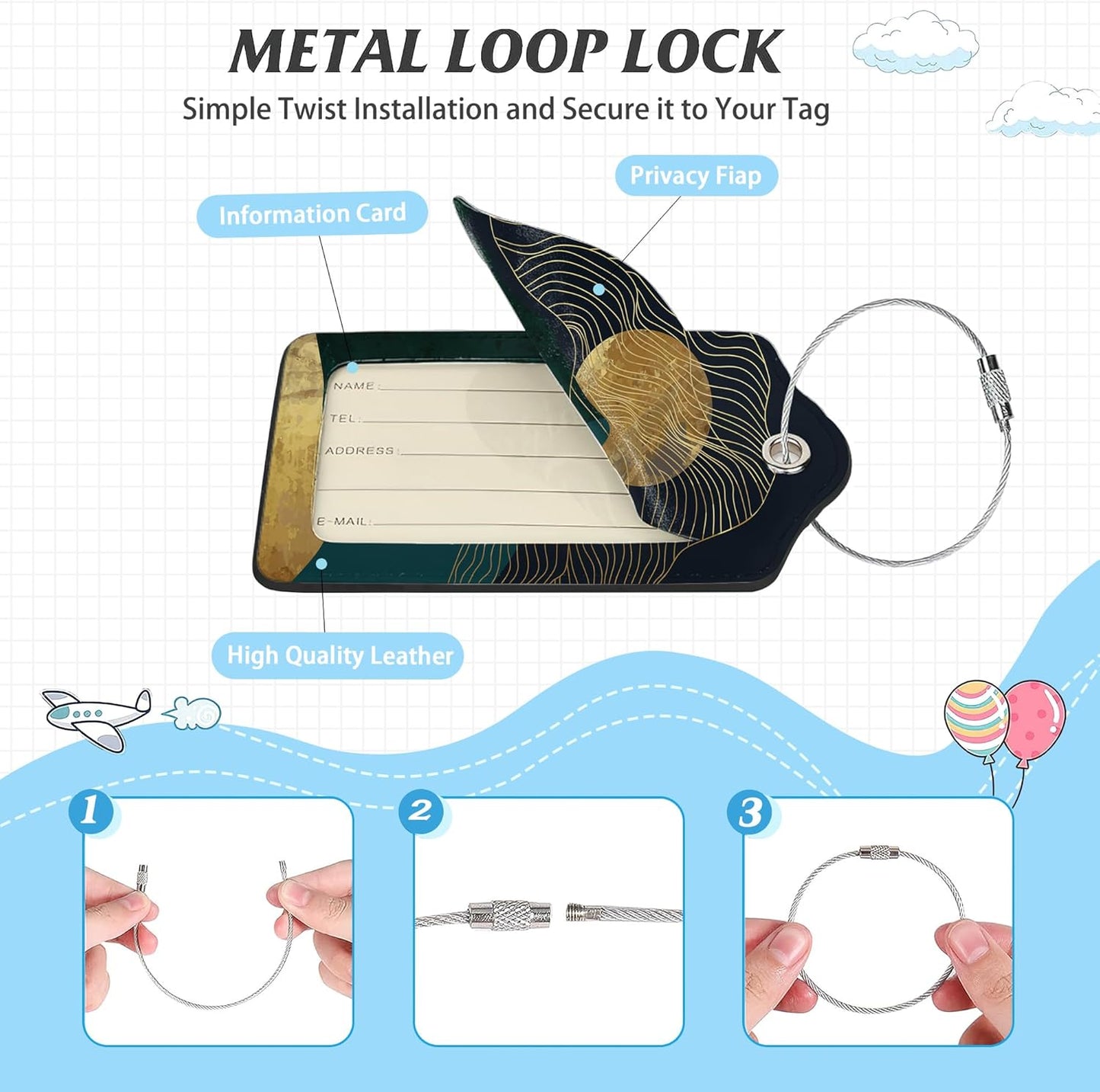 3 Pack Luggage Tag for Suitcase,Green Gold Abstract Mountains Moon Leather Luggage Tags with Privacy Cover Name ID Label Identifiers Travel Bag Tags for Women Men Boys Girls