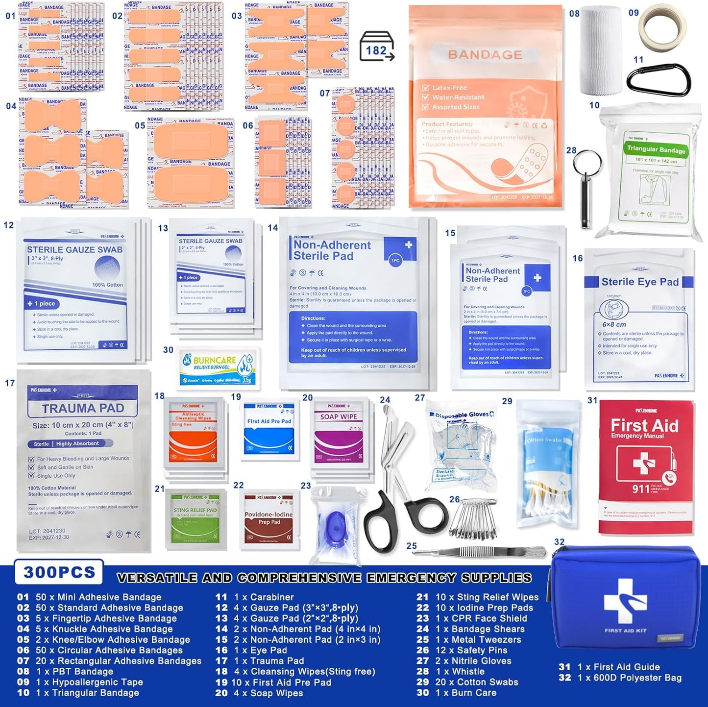 300 PCS First Aid Kit for Home, Car, Travel, Camping, Hiking, Truck, Office, Businesses, Sports & Outdoor, Premium Waterproof Compact Trauma Medical Kits for Any Emergencies