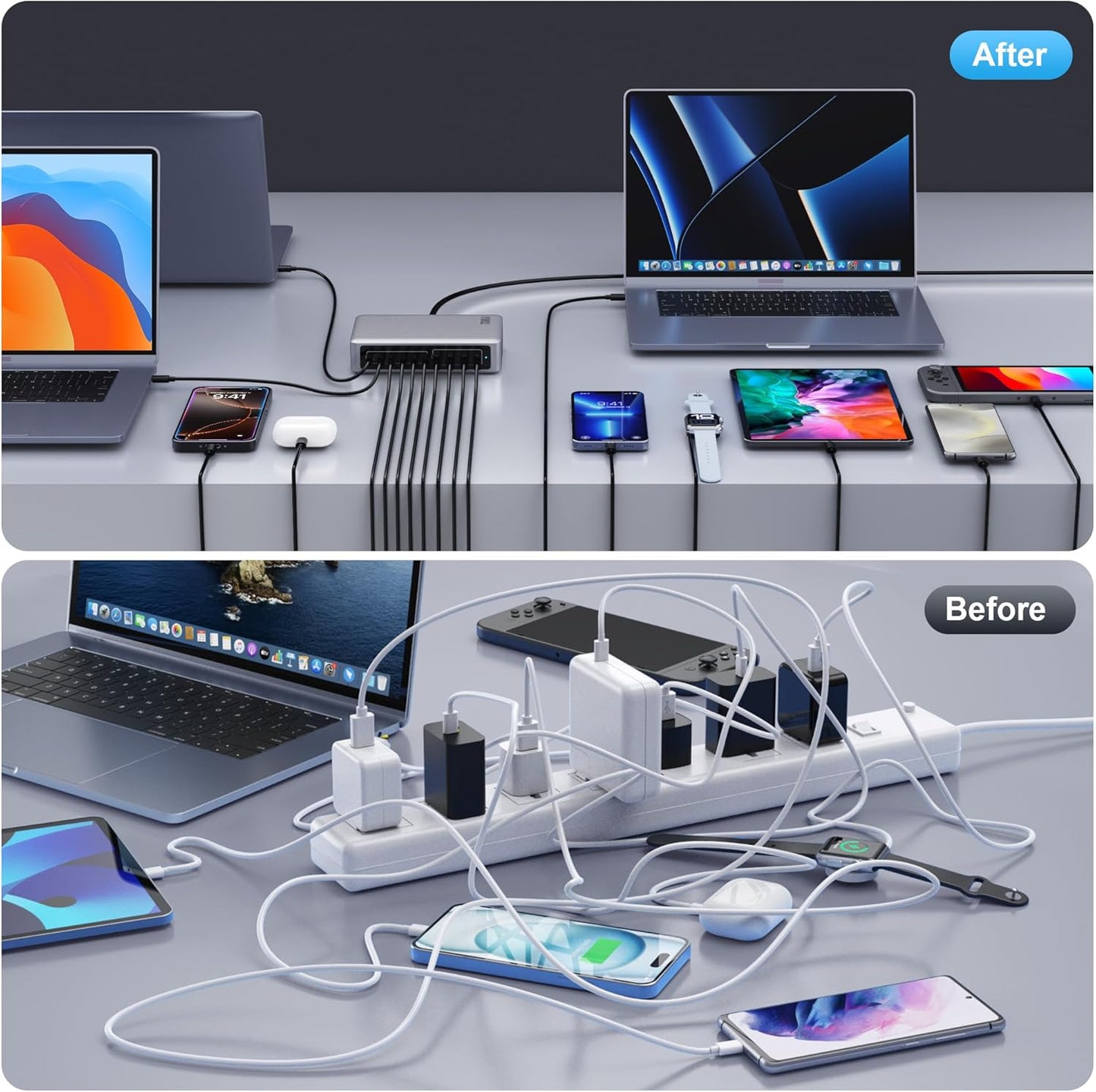 730W USB C Charger Block,10-Ports GaN V Fast Charging Station Hub,QC4.0+3 PD 100W Laptop Charger Wall Power Adapter for MacBook Pro/Air,DELL,iPhone 17/16/15/14,iPad,Galaxy S25,Pixel,Steam Desk-Silver