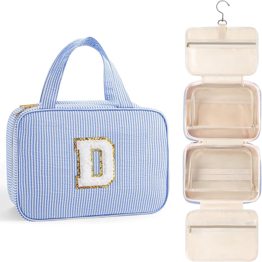 TOPEAST Travel Toiletry Bag for Women - Hanging Toiletry Bag, Large Capacity Personalized Travel Toiletry Bag and Makeup Bag, Travel Essentials Portable Toiletries Travel Bag - Letter D, Blue