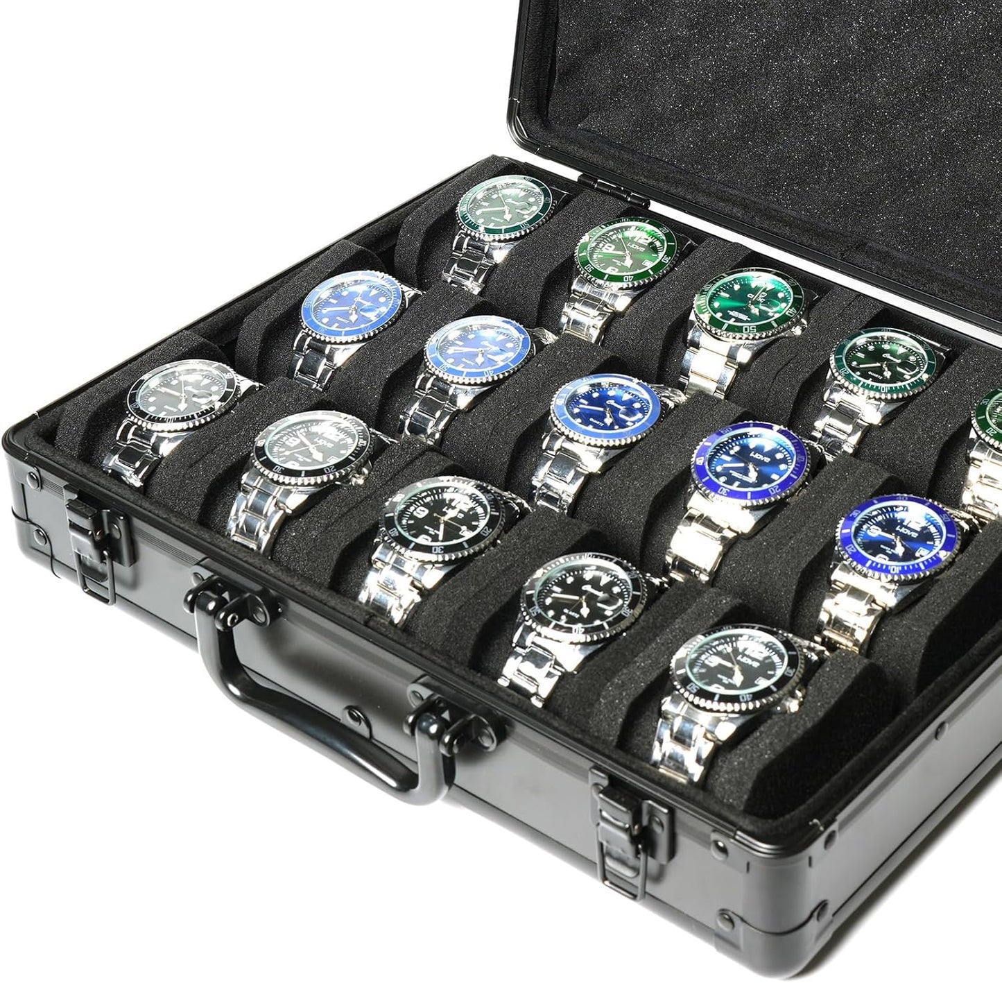 15 slots Watch organizer Case, Aluminum watch storage box, hard watch travel box, padded case for watch display and organization