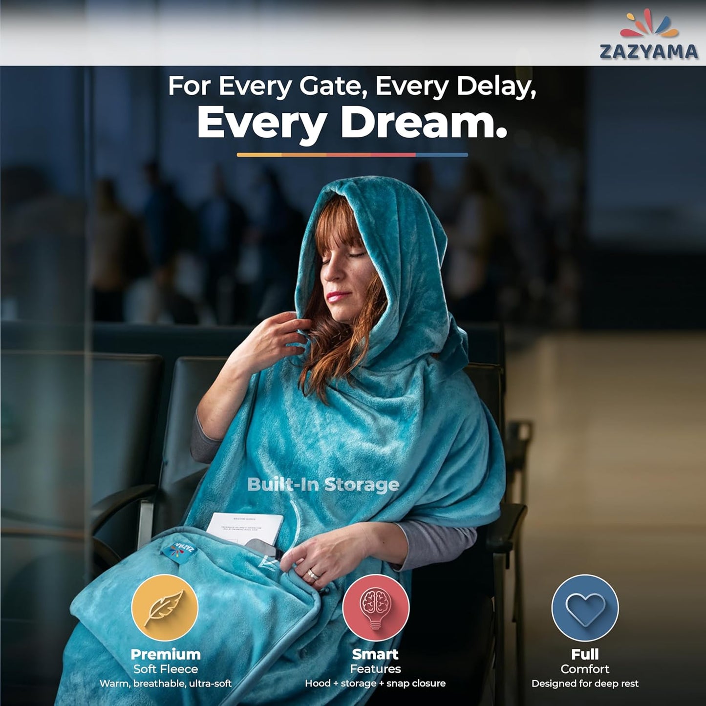 3-in-1 Travel Blanket Airplane – Compact with Bag & Pillow Combo Set, Ultra-Soft Fleece | Packable Blanket Compact | Hidden Pocket | Trolley Sleeve | Carabiner | Travel Essentials (Aqua Teal)