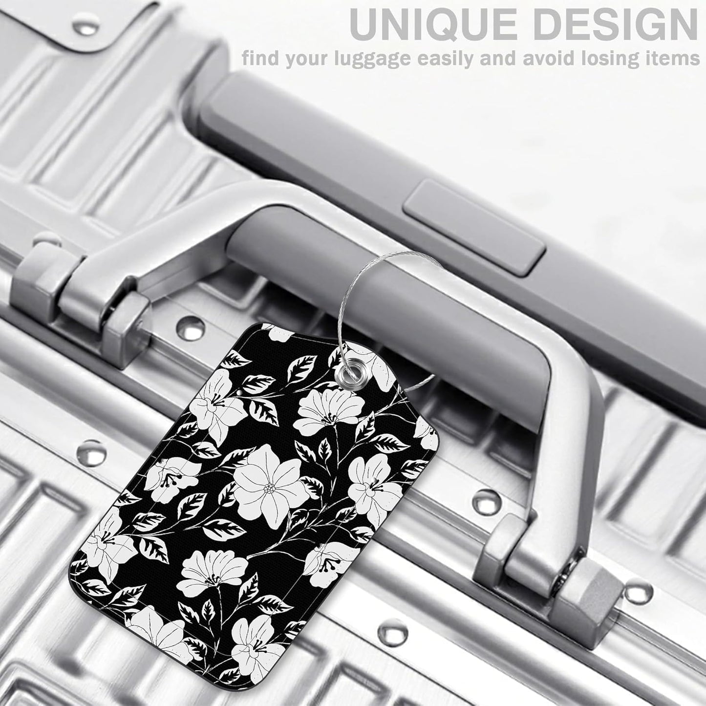 2 Pack Luggage Tags for Suitcases Black Flowers and Leaves Leather Luggage Tags Privacy Cover ID Label with Stainless Steel Loop and Address Card for Women Men Travel Bag Backpack