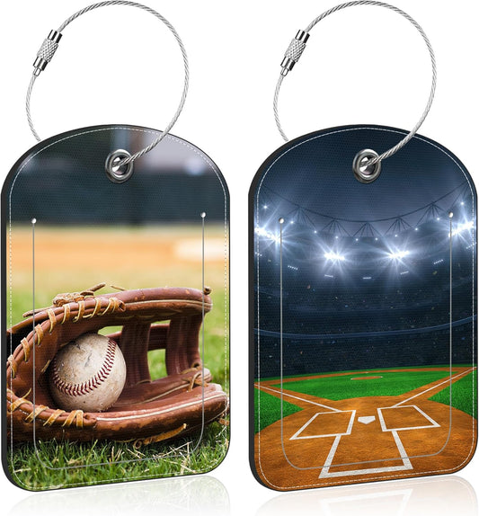 2 PCS Leather Luggage Tag for Suitcase Old Baseball and Glove on Baseball Grand Travel Suitcase Labels with Privacy Name ID Label and Stainless Steel Loop for Adults Teens Travel Bag Labels Set