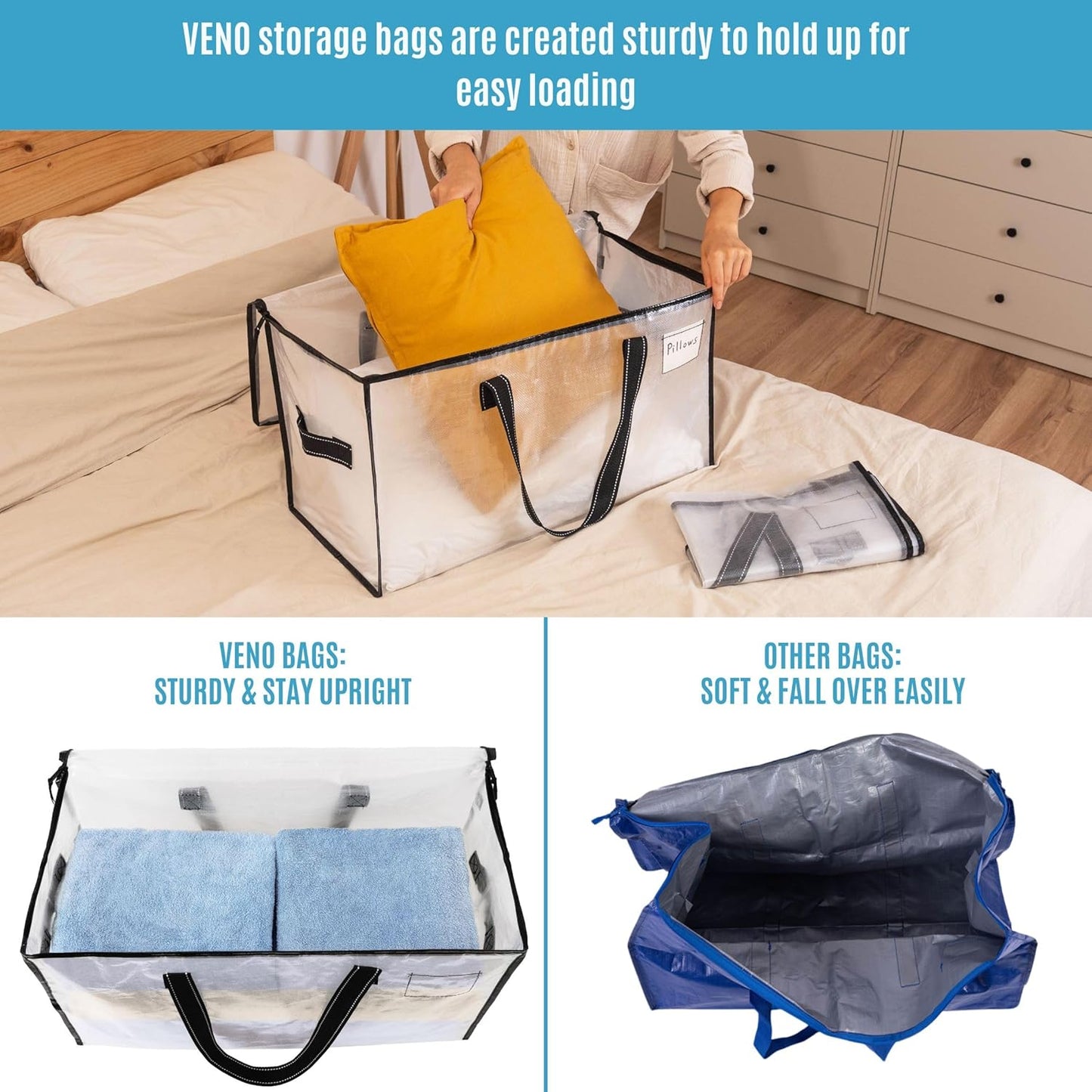 VENO 2 Pack Moving Bags, Comforter and Blanket Storage Bags for Closet, Moving Boxes, Boxes with Lids Alternative, College Dorm Packing Supplies, Foldable Heavy-Duty Tote with Window (Clear, 2 Pack)