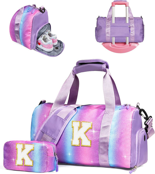 Girls Cheer Up Gifts-Girl Gym Bag with Shoe Compartment, Kid Personalized Weekender Ballet Bags, Initial Travel Tote with Makeup Pouch, Dance Gift for Niece Kids Daughter (Letter K)
