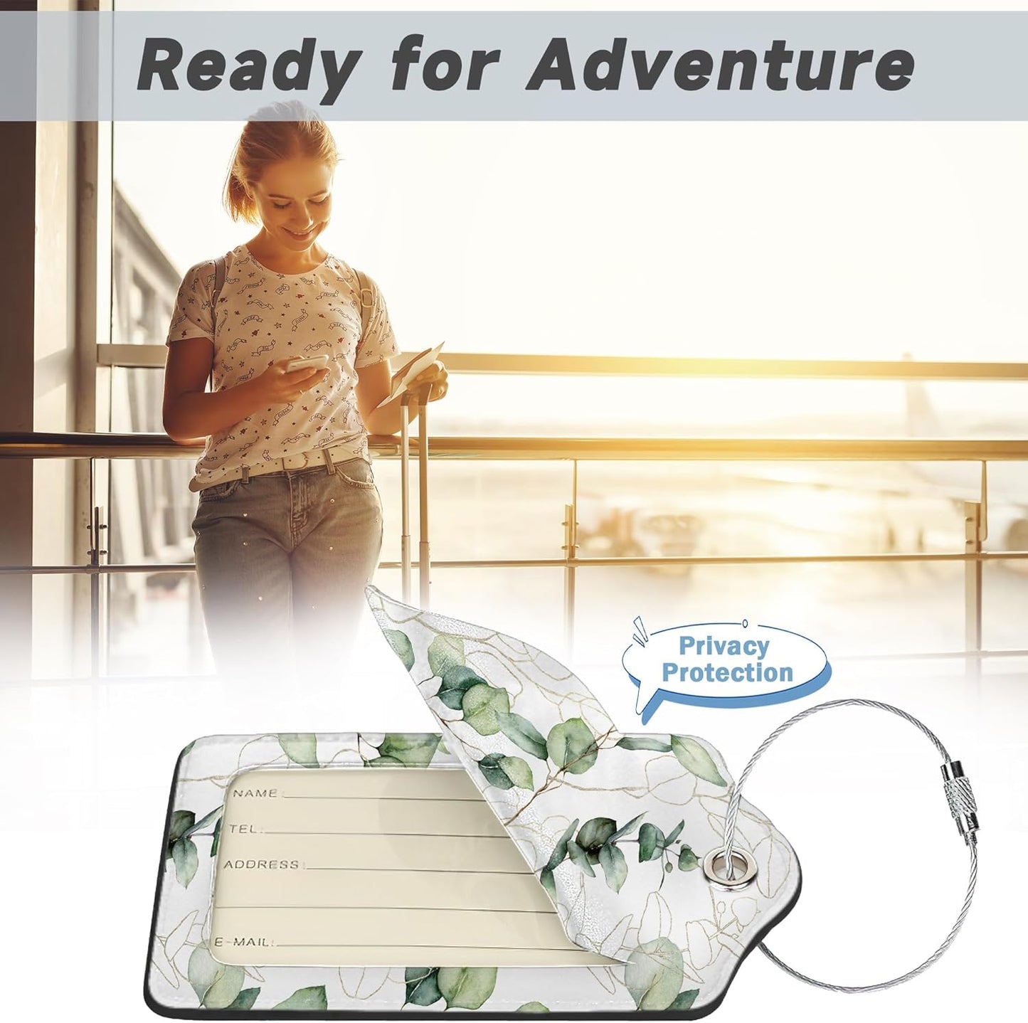 2 Pack Leather Luggage Tag for Suitcase Green White Eucalyptus Leaves Unique Travel Tags with Privacy Cover ID Label & Stainless Steel Loop for Men and Women Baggage