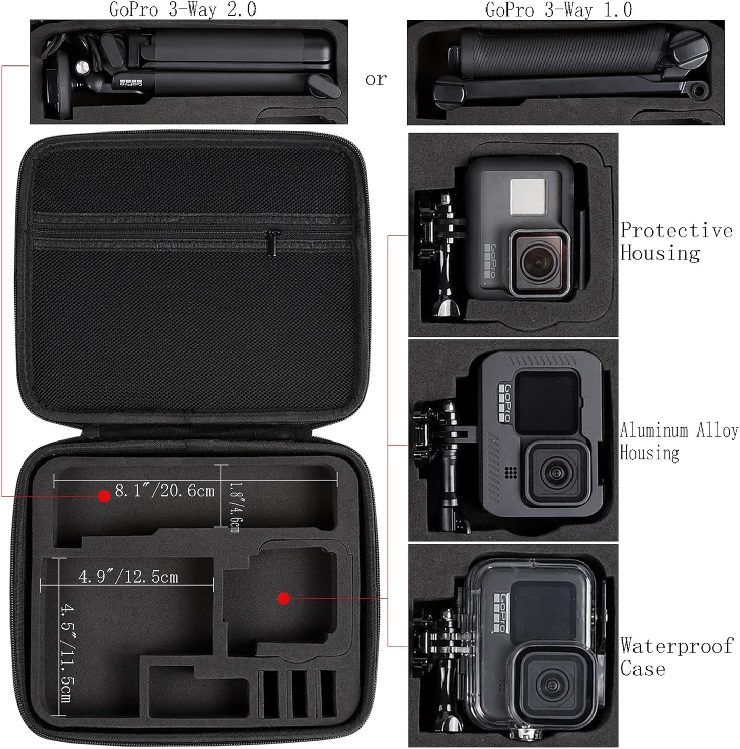 PellKing Hard Case for GoPro Hero 13/12/11/10/9/8/7/2018/6/5 Blcak/4 Silvery Action Camera, Accessories Carrying Storage Shoulder Bag With Strap for DJI Osmo Action 5/4/3 Insta360 Ace Pro