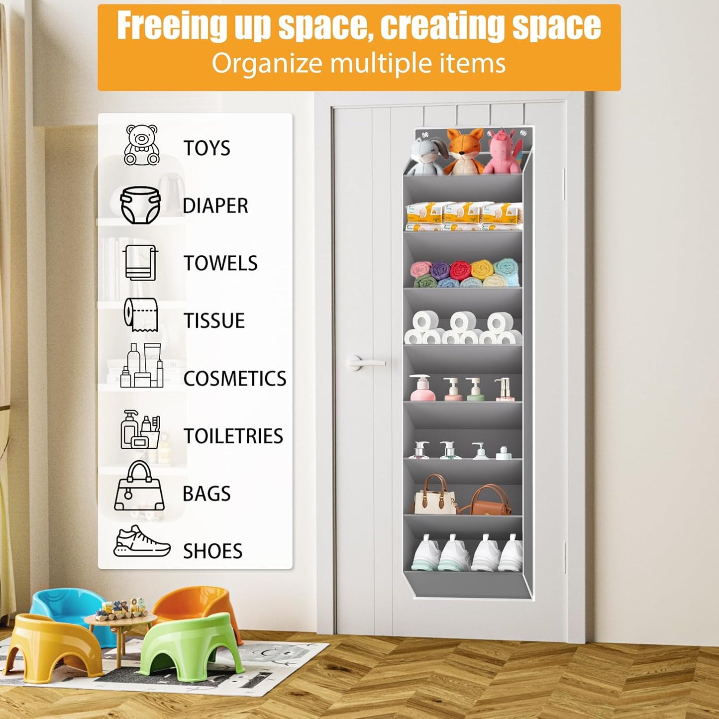 Over The Door Shoe Organizer Storage Fit 16-24 Pairs Hanging Shoe Rack Organiser for Closet Door, Deep Pocket Shoe Holder for Sneakers,Boots Storage(1 Pack Gray)