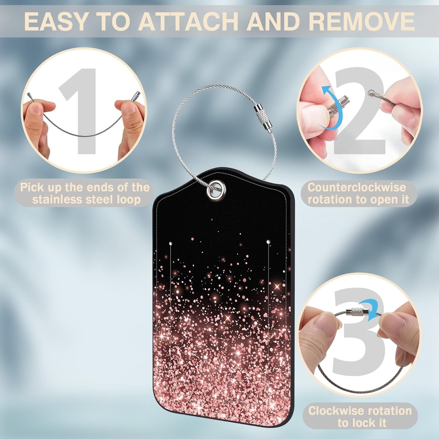 2 Pcs Rose and Gold Glitter Luggage Tags for Suitcases PU Leather Baggage Tags Name ID Label with Privacy Cover and Stainless Steel Loop for Men Women Travel Bag Suitcase