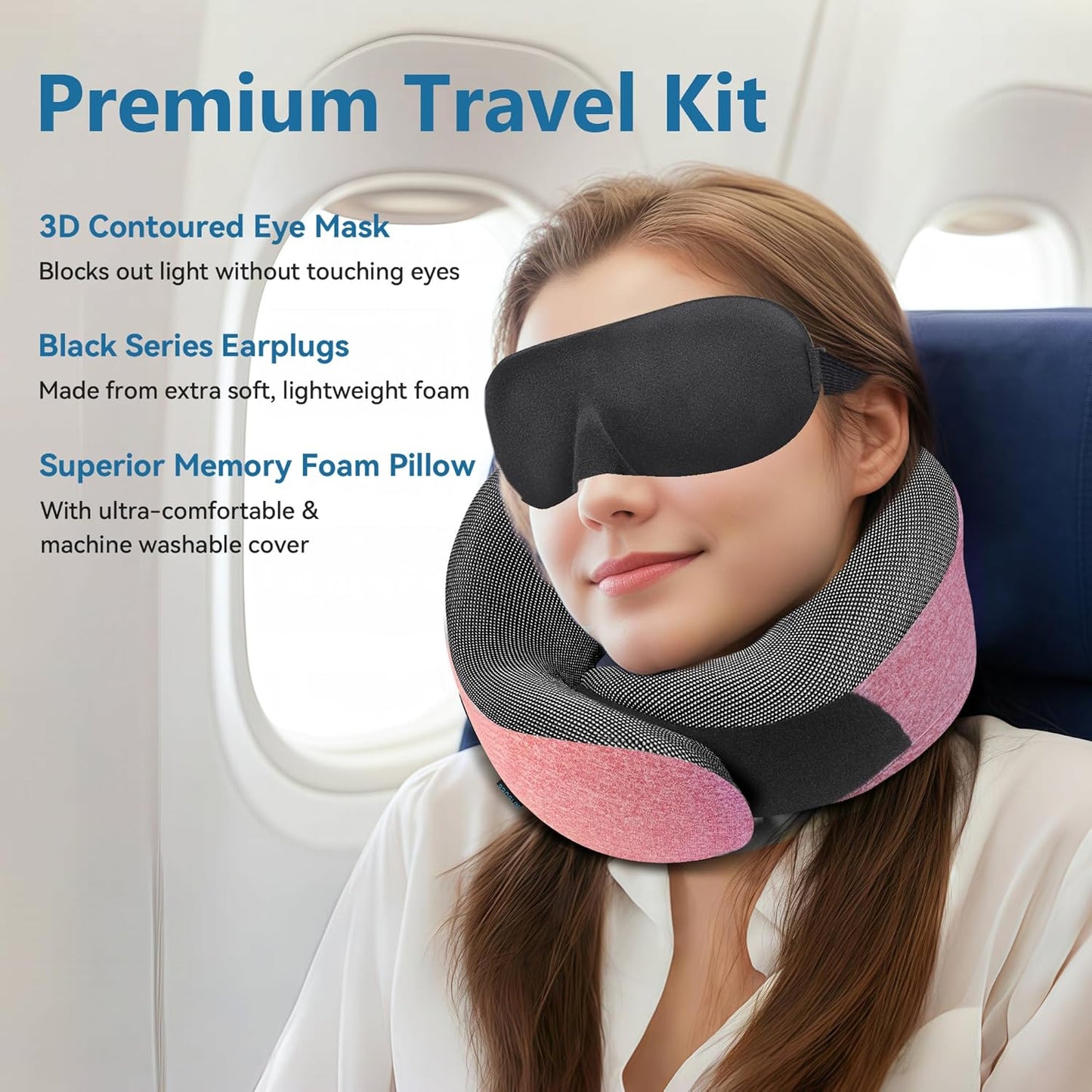 Pink Airplane Travel Pillow Set, 100% Pure Memory Foam Neck Pillow, Updated Material, Long Flight Travel Kit with 3D Contoured Eye Masks, Earplugs, and Luxury Bag