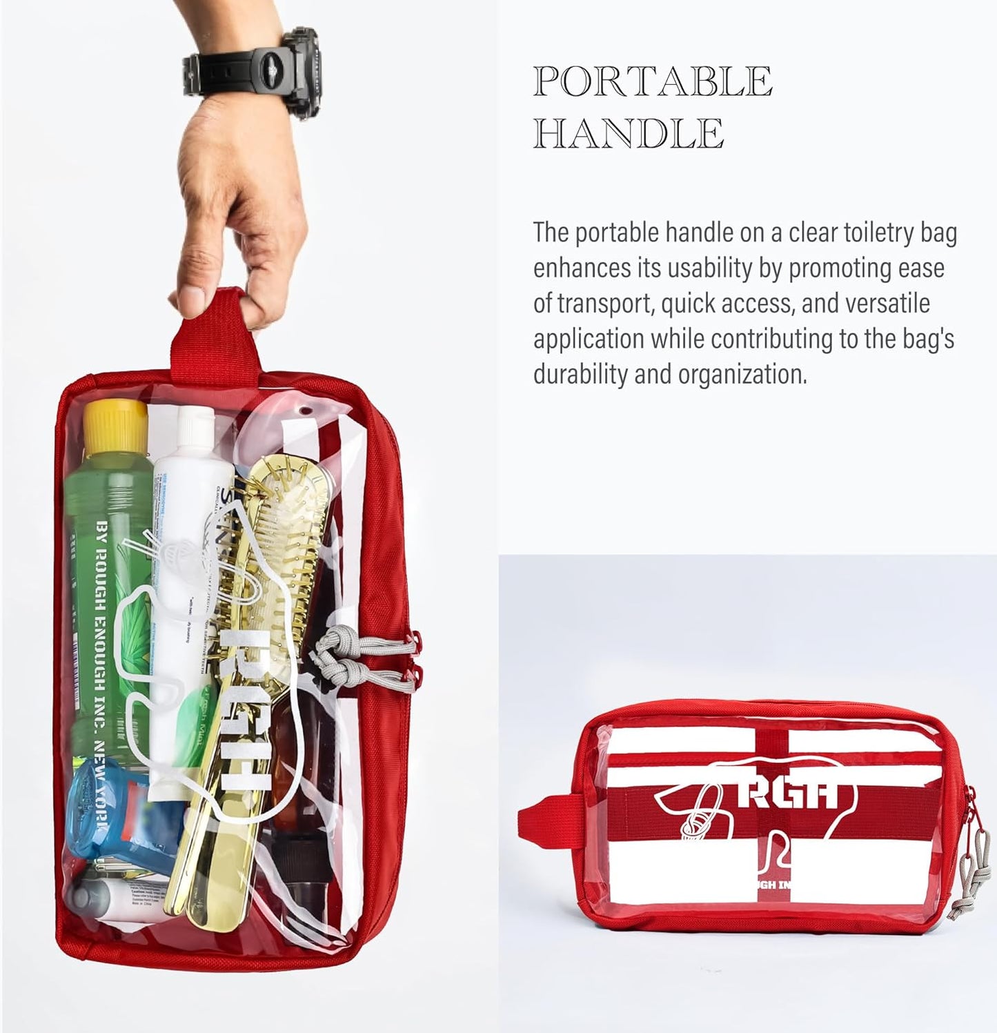 Rough Enough Clear Toiletry Bag Travel Cosmetic Makeup Toothbrush Case Pouch Organizer for Women Men Leakproof Traveling Essentials Red